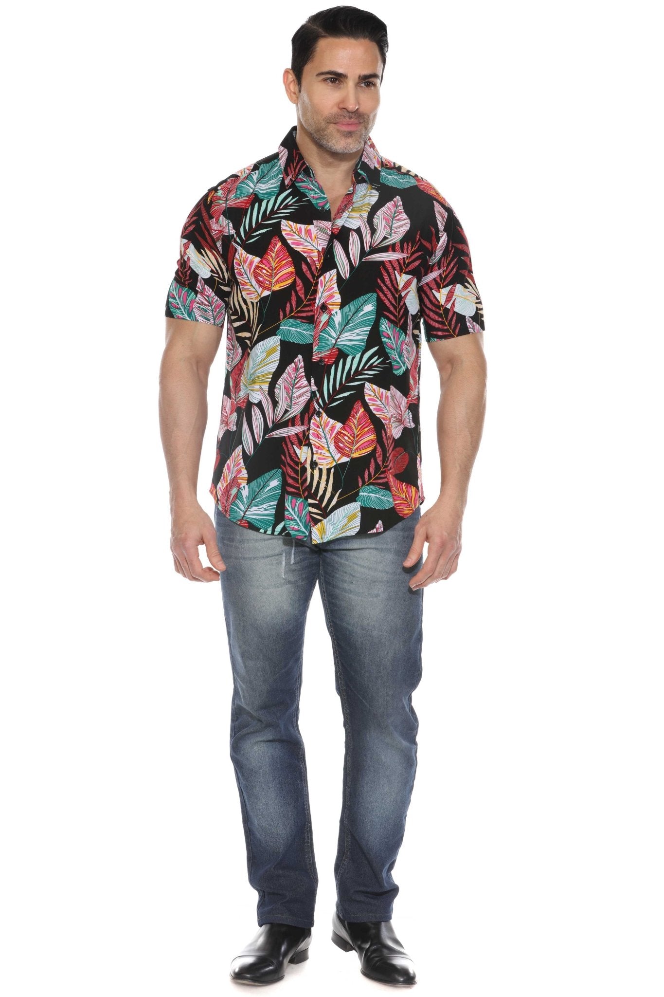 Camisa de rayón con estampado retro de manga corta