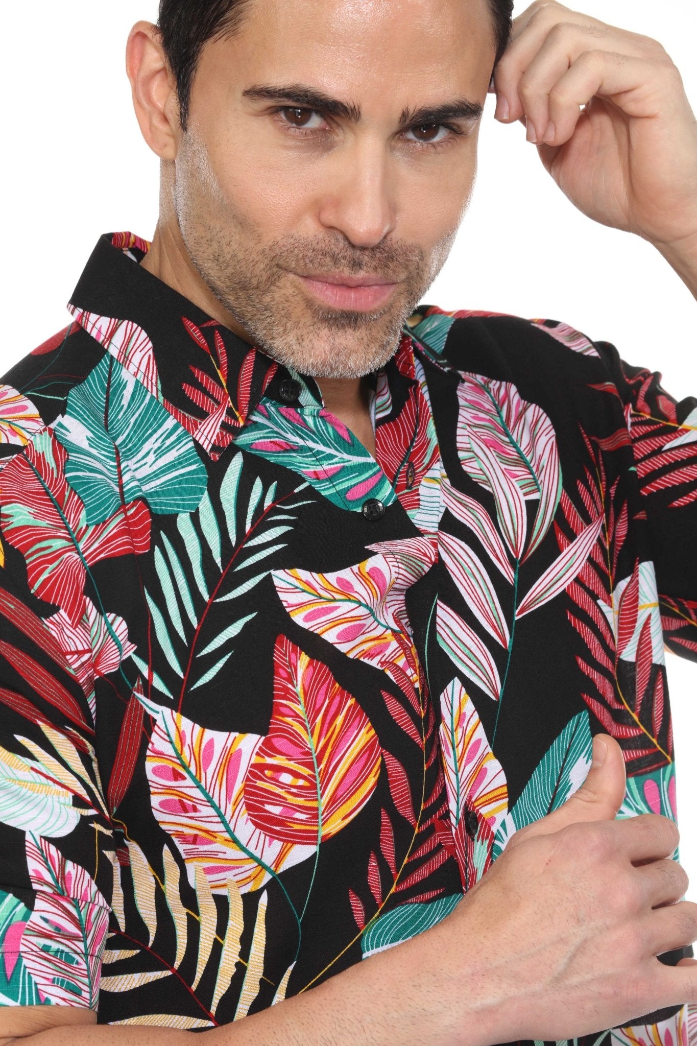 Camisa de rayón con estampado retro de manga corta