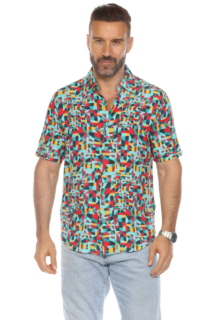Men's retro print rayon resort shirt in multicolor â€“ front view, Mojito Collection