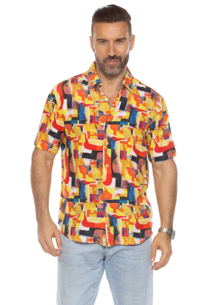 Men's retro print rayon resort shirt in multicolor â€“ front view, Mojito Collection
