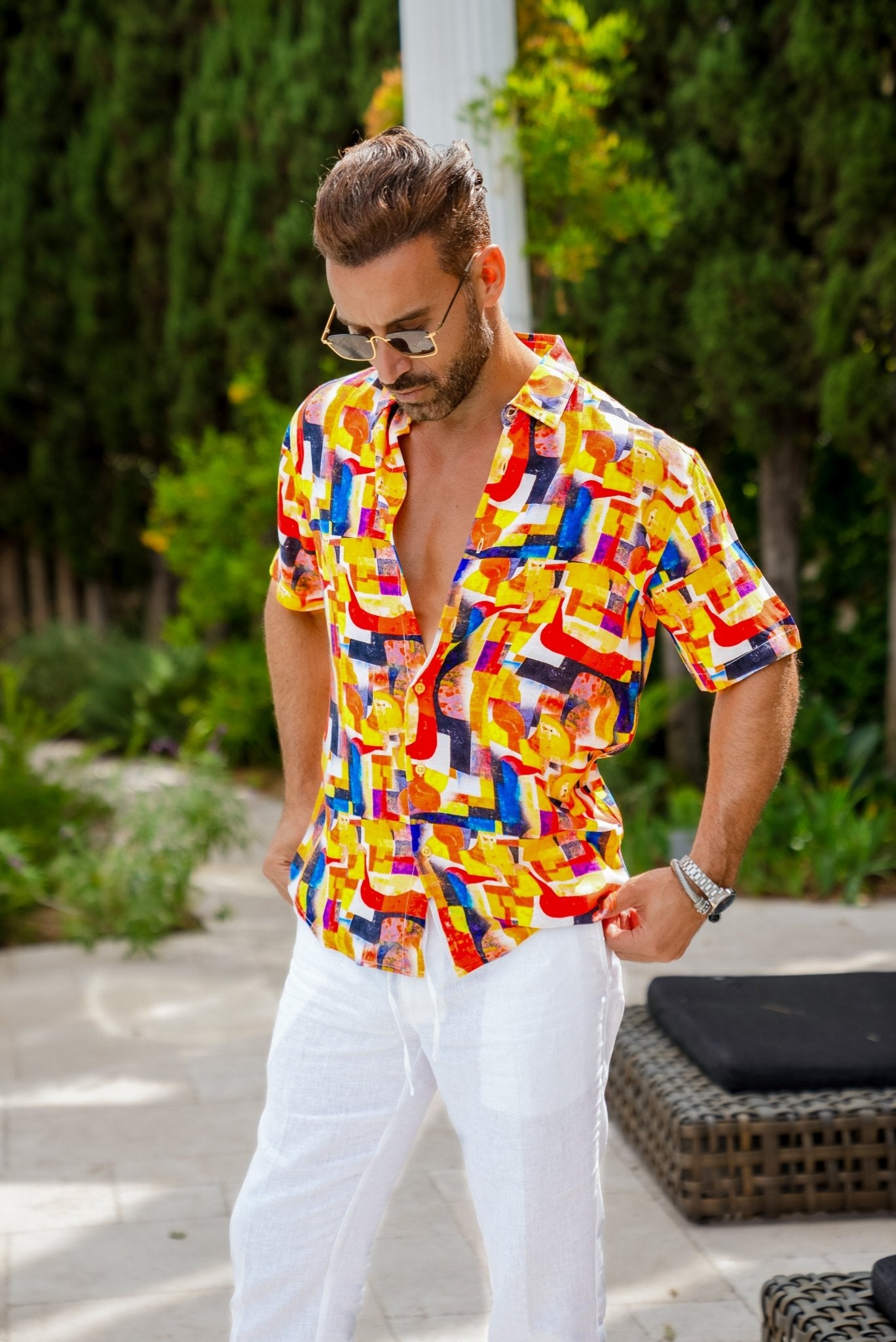 Men's Retro Print Rayon Shirt Short Sleeve