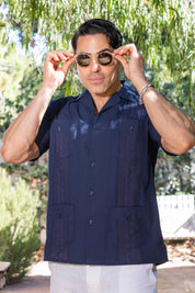 Men's Cropped Four-Pocket Stylish Guayabera Shirt with Embroidery