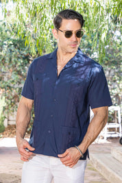 Men's Cropped Four-Pocket Stylish Guayabera Shirt with Embroidery