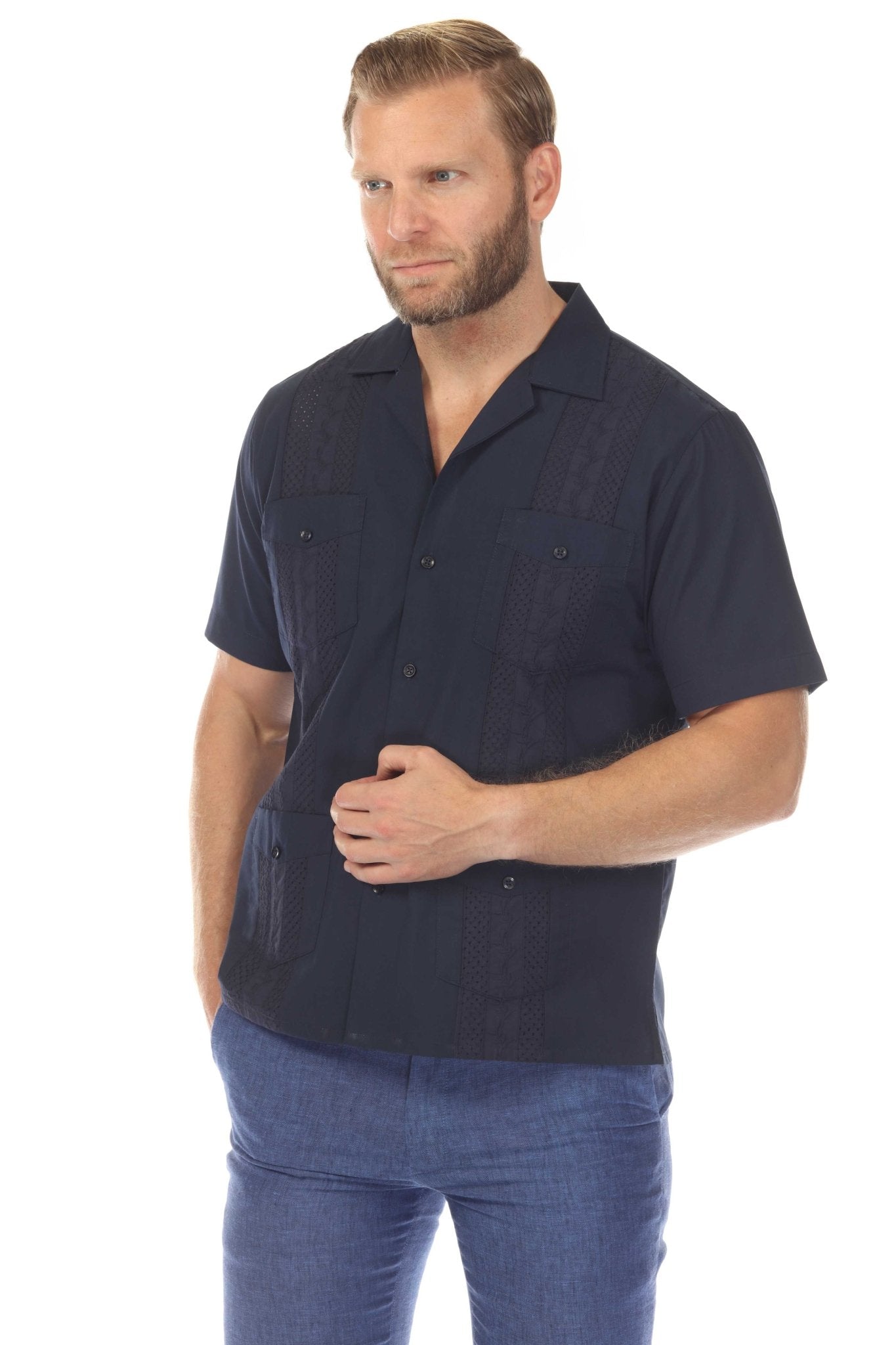 Men's Cropped Four-Pocket Stylish Guayabera Shirt with Embroidery