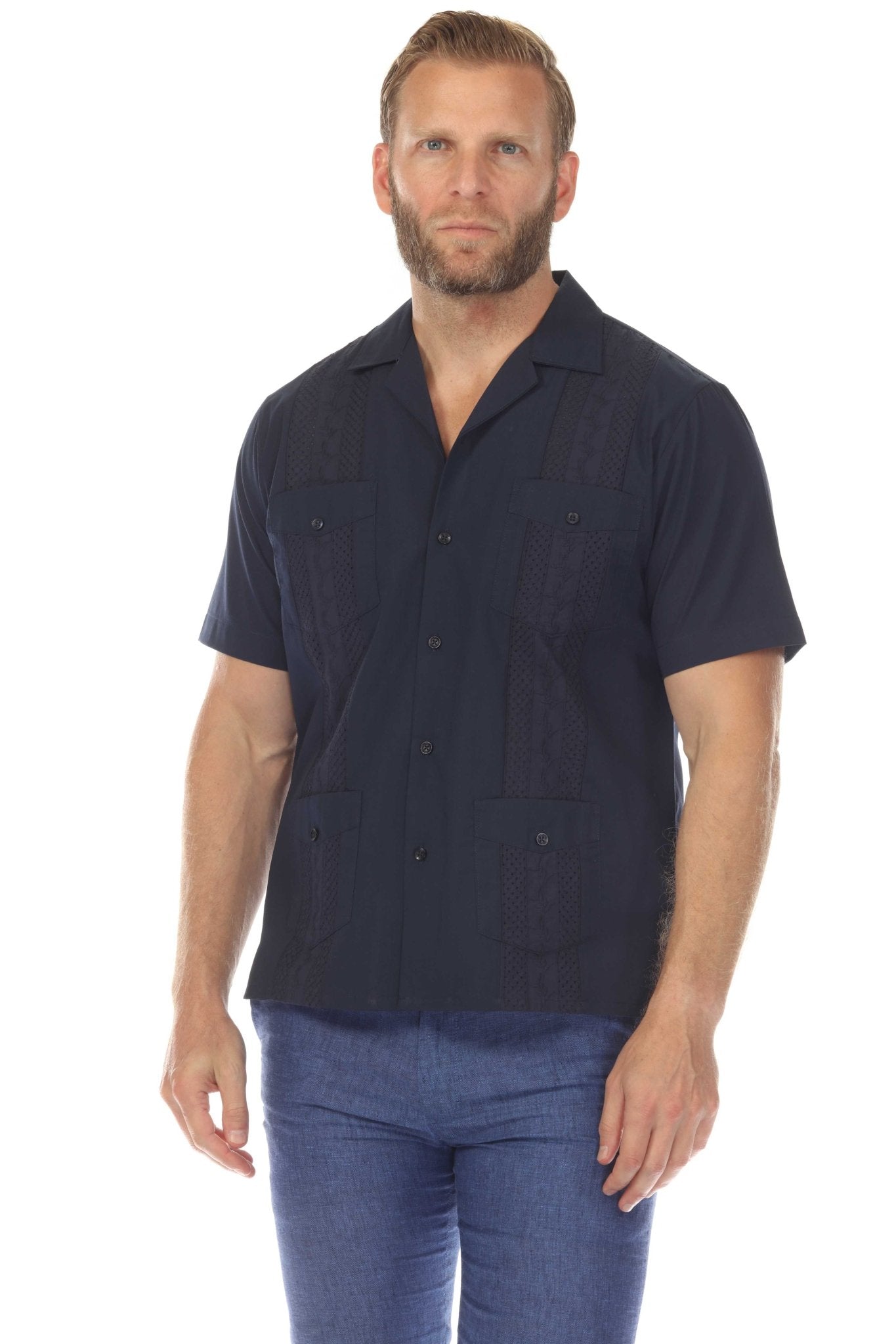 Men's Cropped Four-Pocket Stylish Guayabera Shirt with Embroidery
