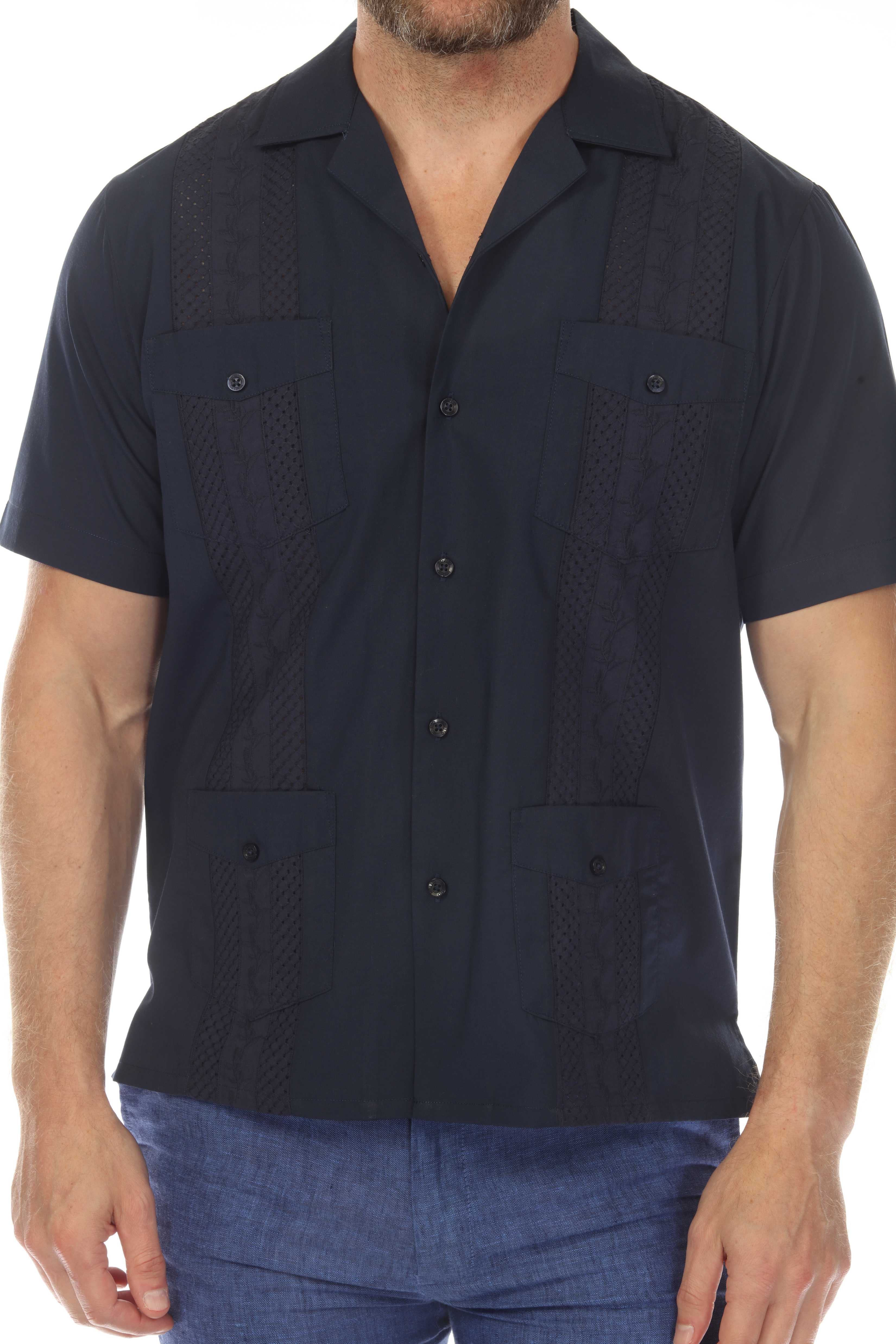 Men's Cropped Four-Pocket Stylish Guayabera Shirt with Embroidery