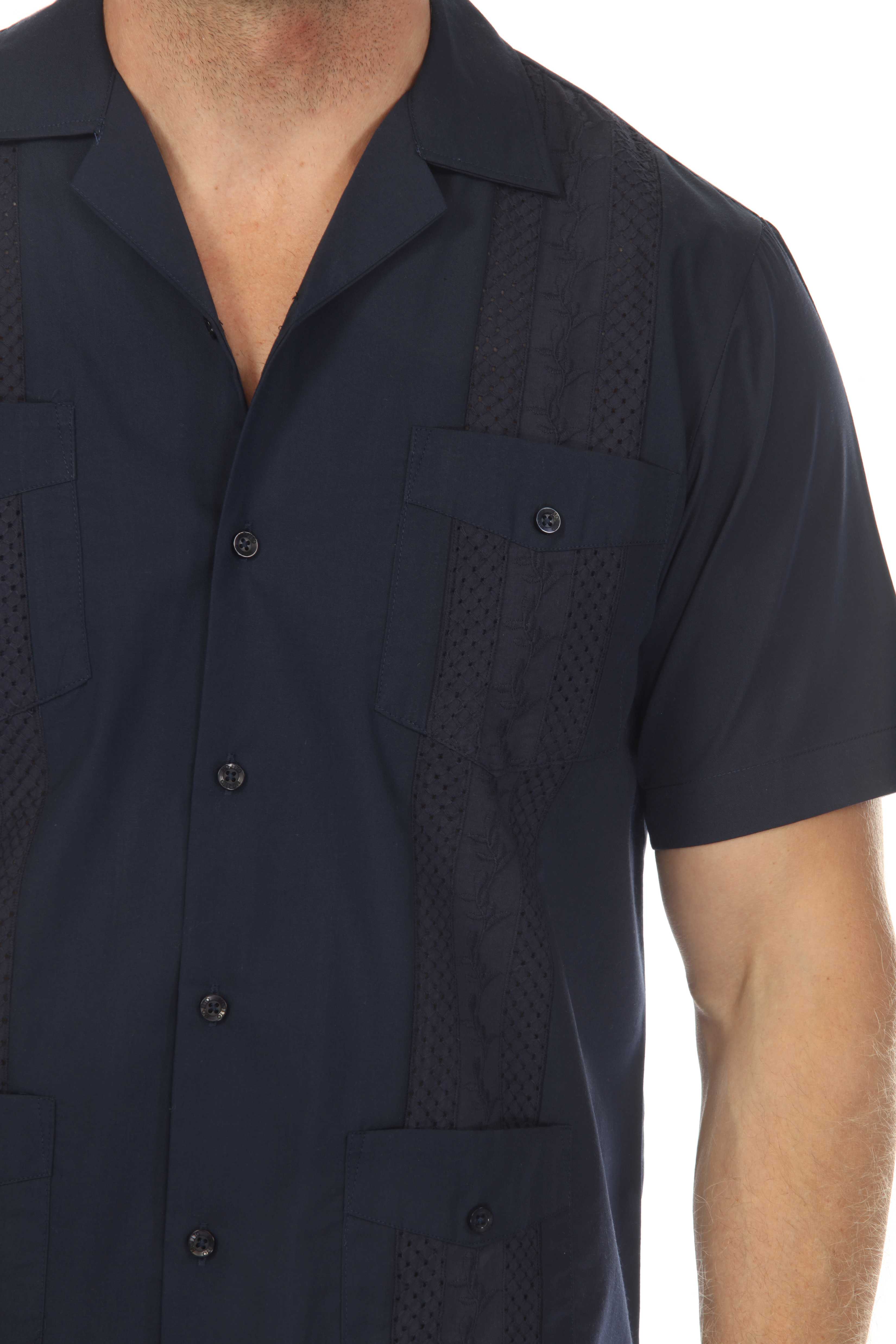 Men's Cropped Four-Pocket Stylish Guayabera Shirt with Embroidery