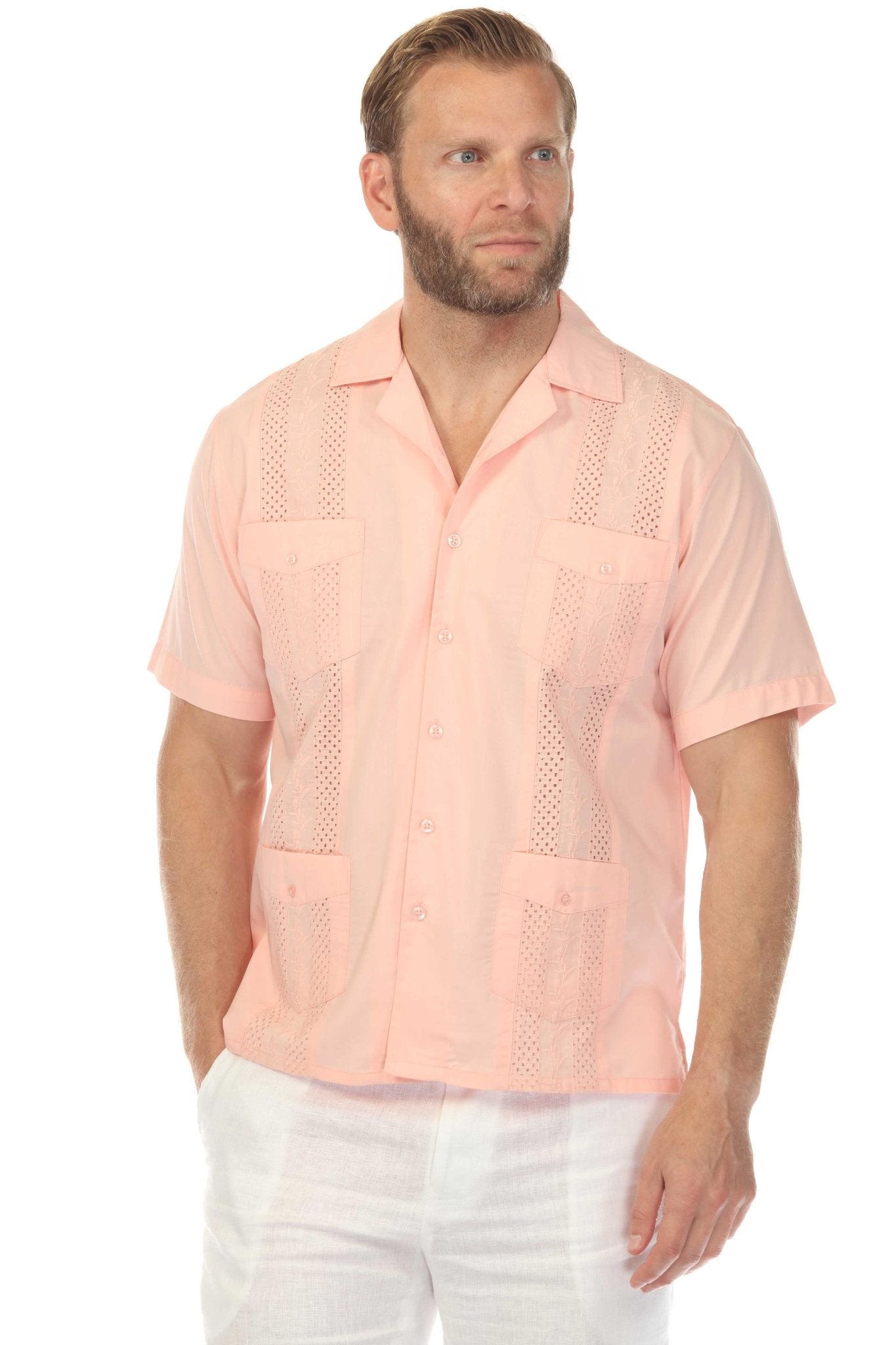 Men's Cropped Four-Pocket Stylish Guayabera Shirt with Embroidery