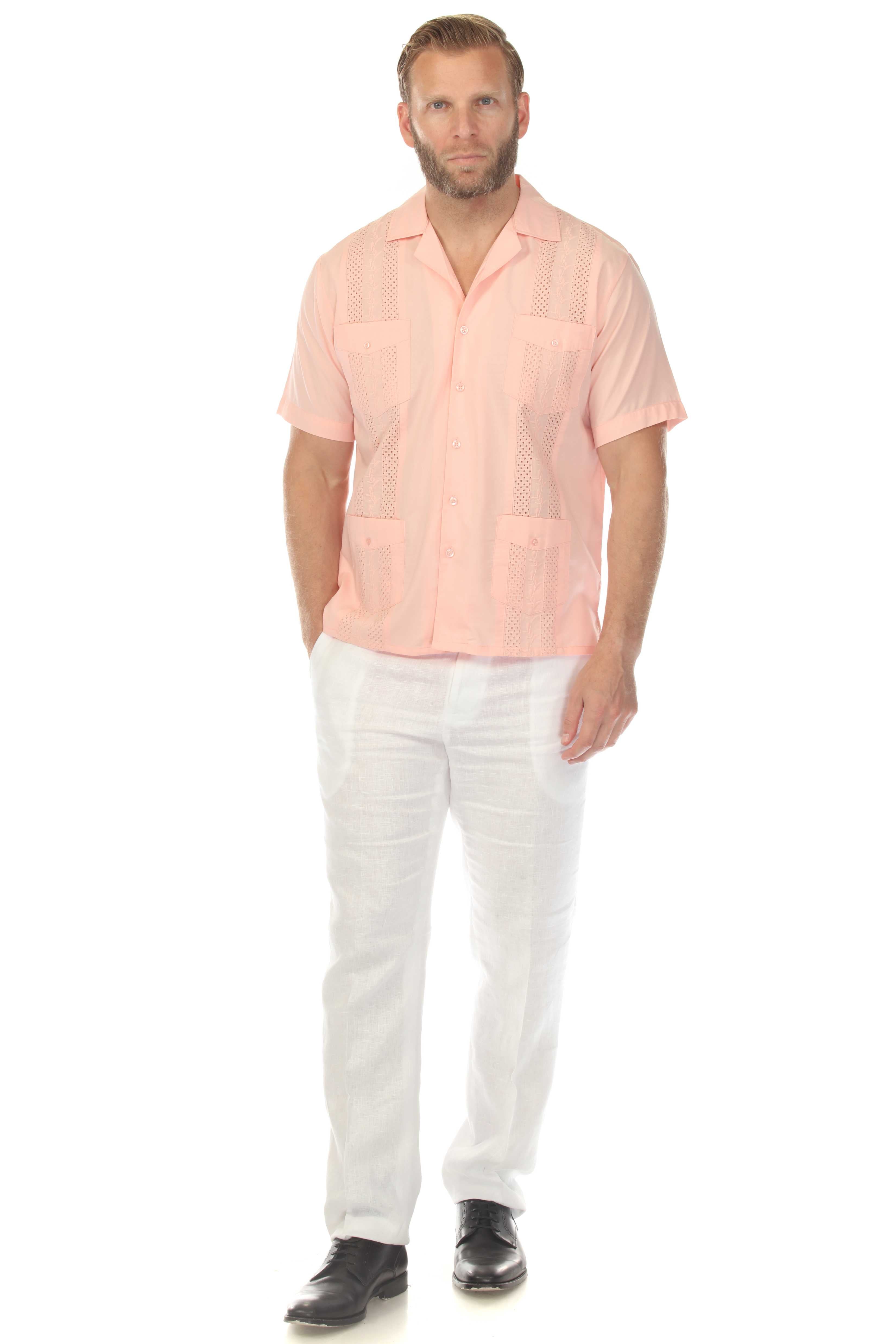 Men's Cropped Four-Pocket Stylish Guayabera Shirt with Embroidery