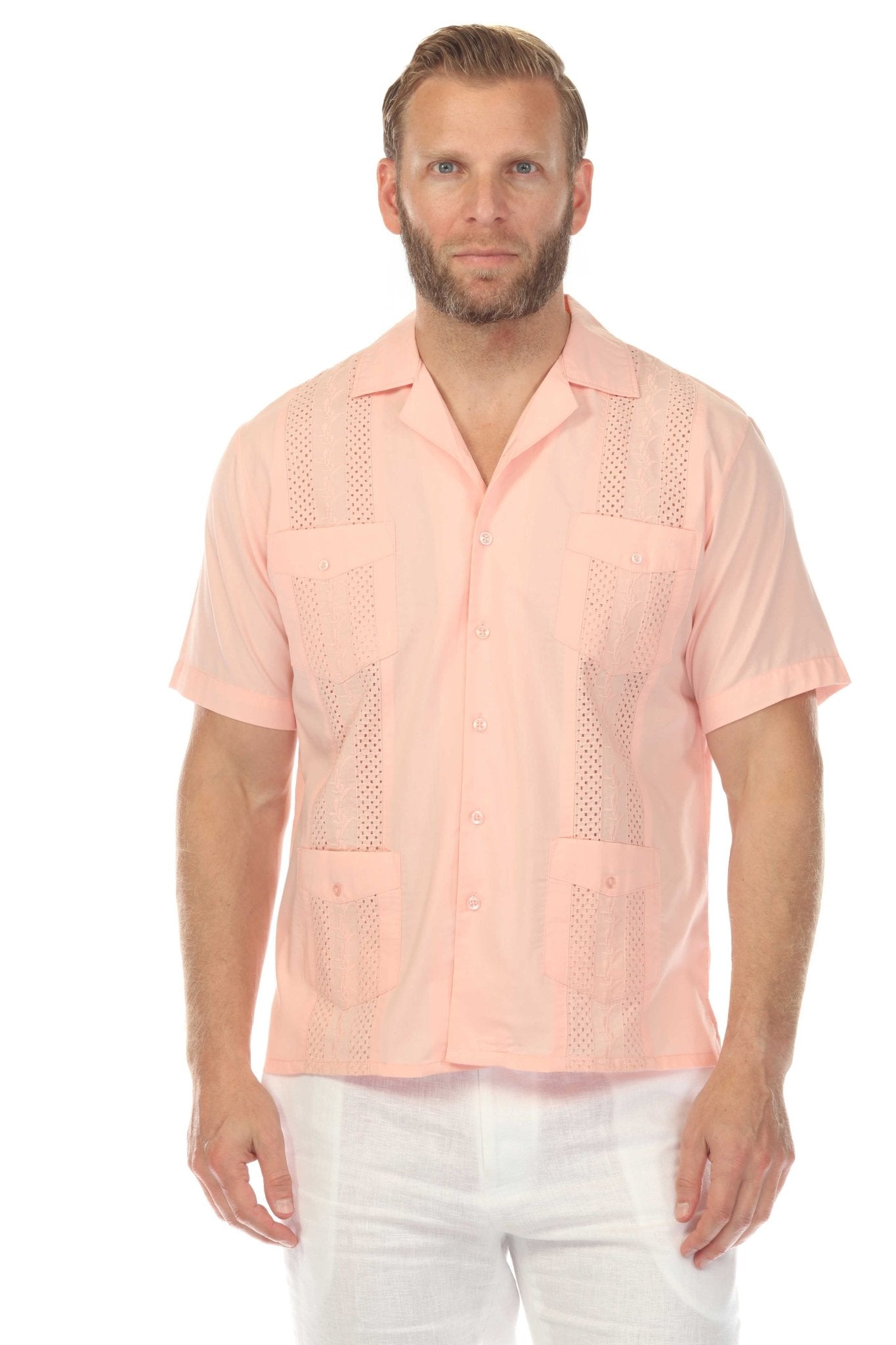 Men's Cropped Four-Pocket Stylish Guayabera Shirt with Embroidery