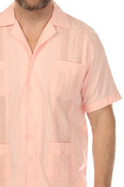 Men's Cropped Four-Pocket Stylish Guayabera Shirt with Embroidery