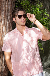 Men's Cropped Four-Pocket Stylish Guayabera Shirt with Embroidery