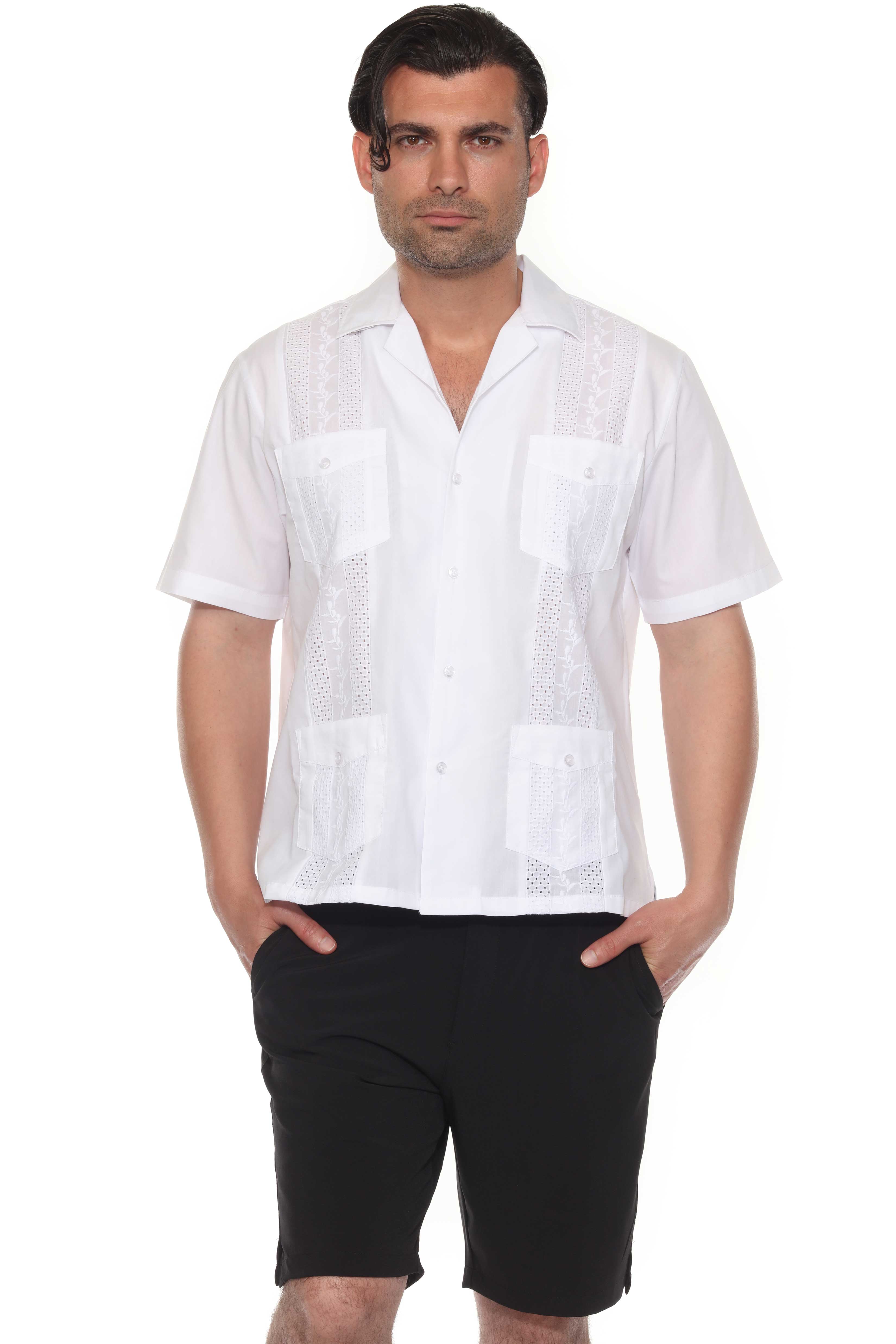 Men's Cropped Four-Pocket Stylish Guayabera Shirt with Embroidery