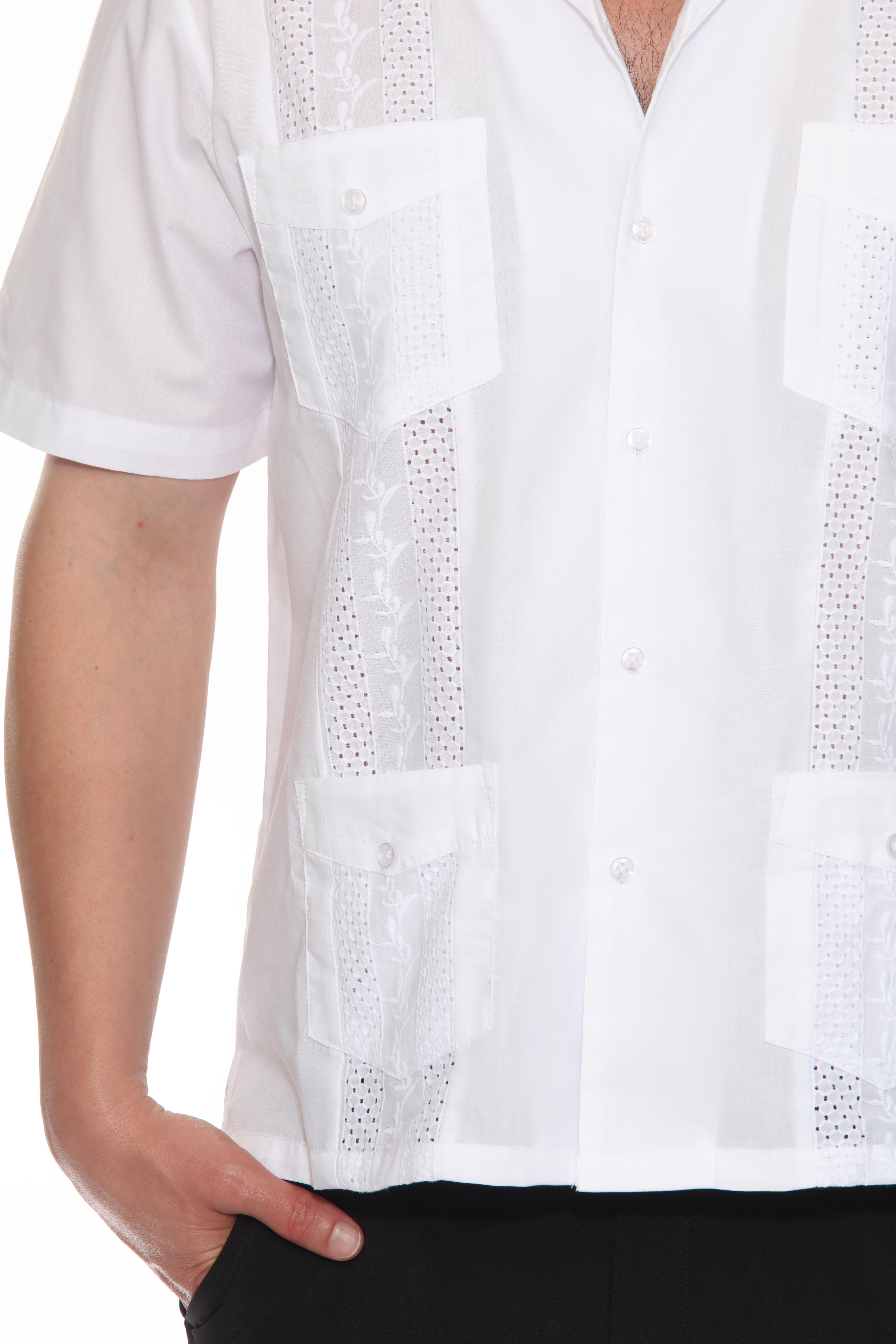 Men's Cropped Four-Pocket Stylish Guayabera Shirt with Embroidery