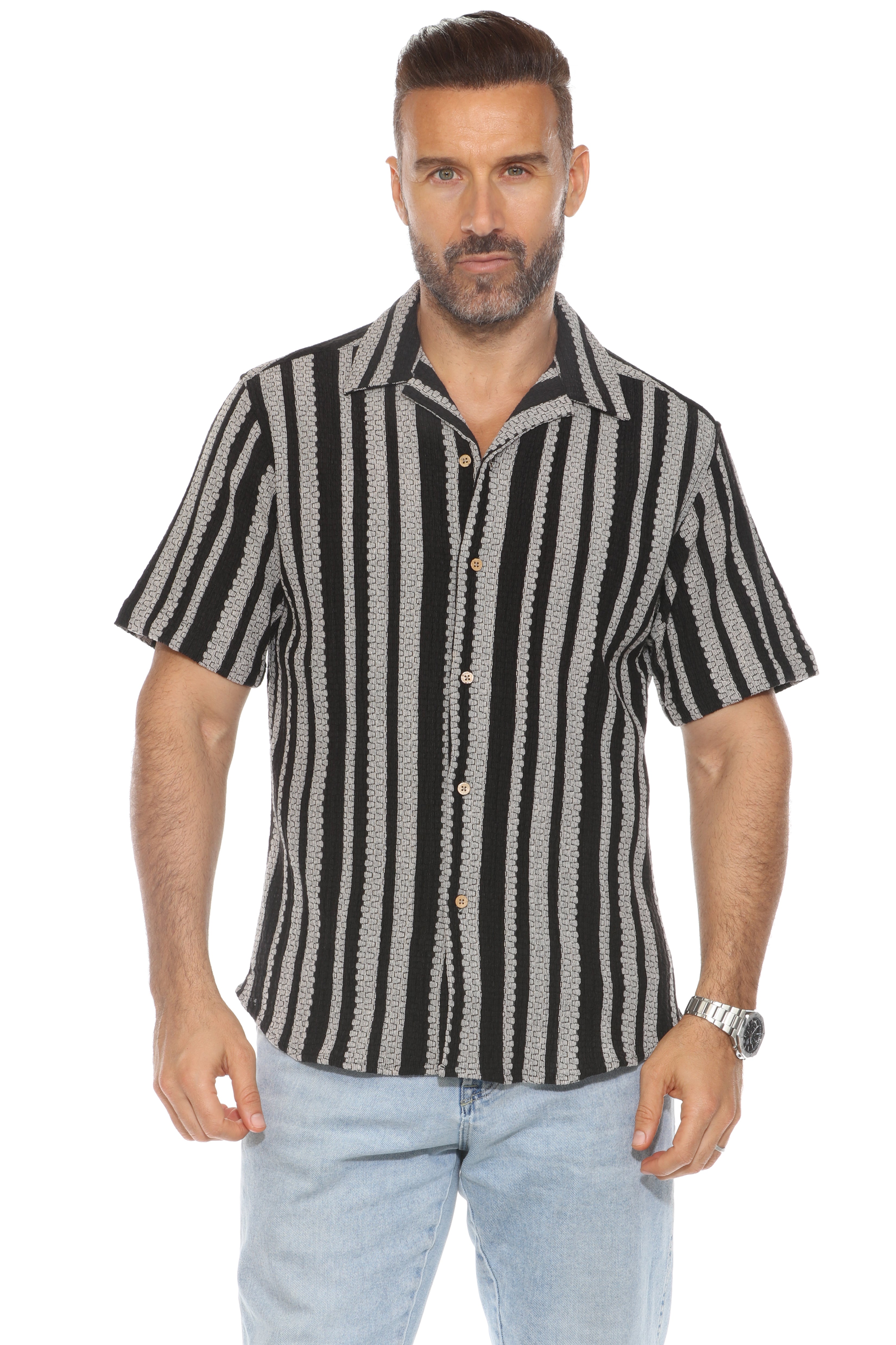 Camisa informal de punto trenzado a rayas con botones