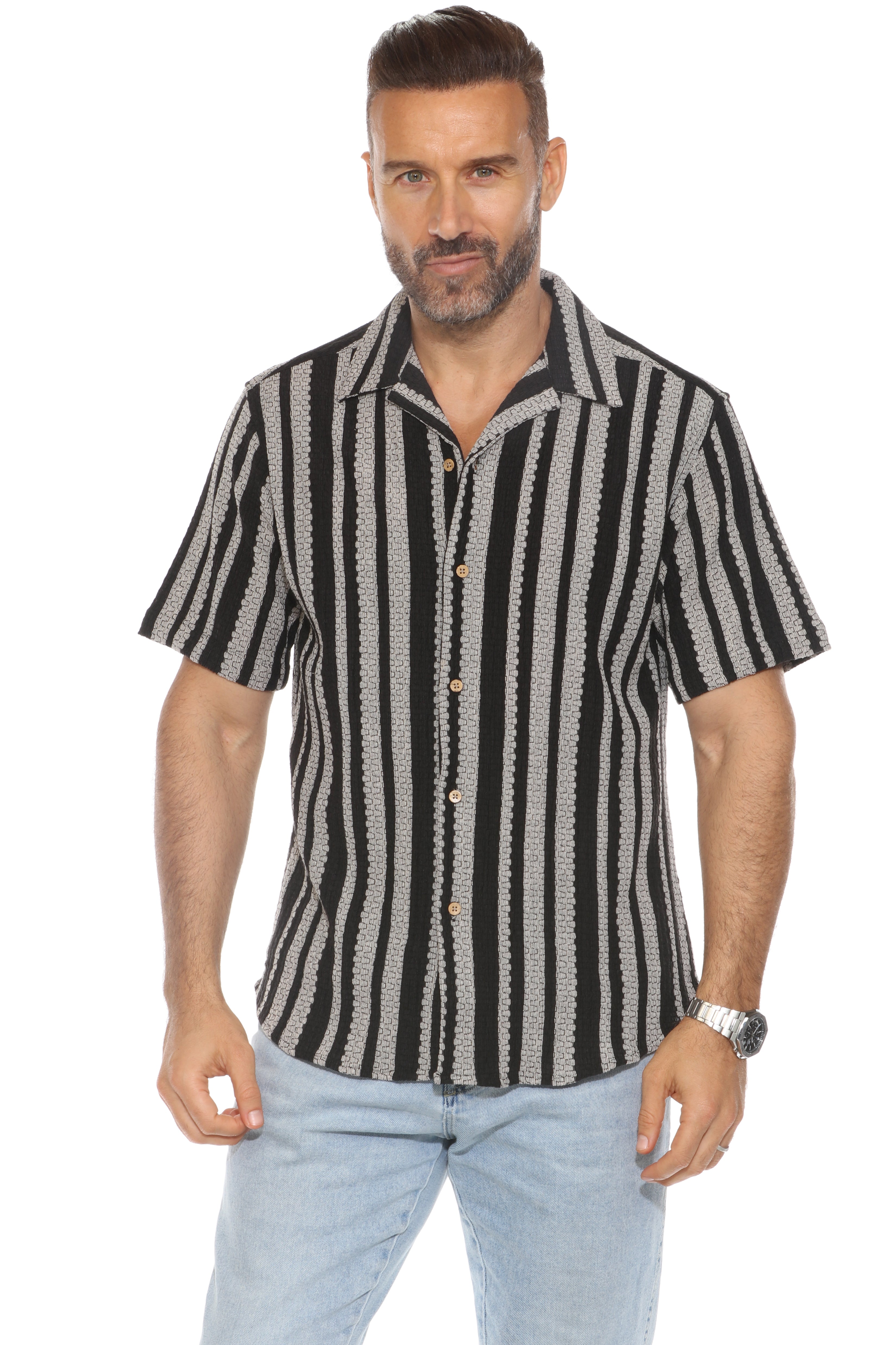 Camisa informal de punto trenzado a rayas con botones