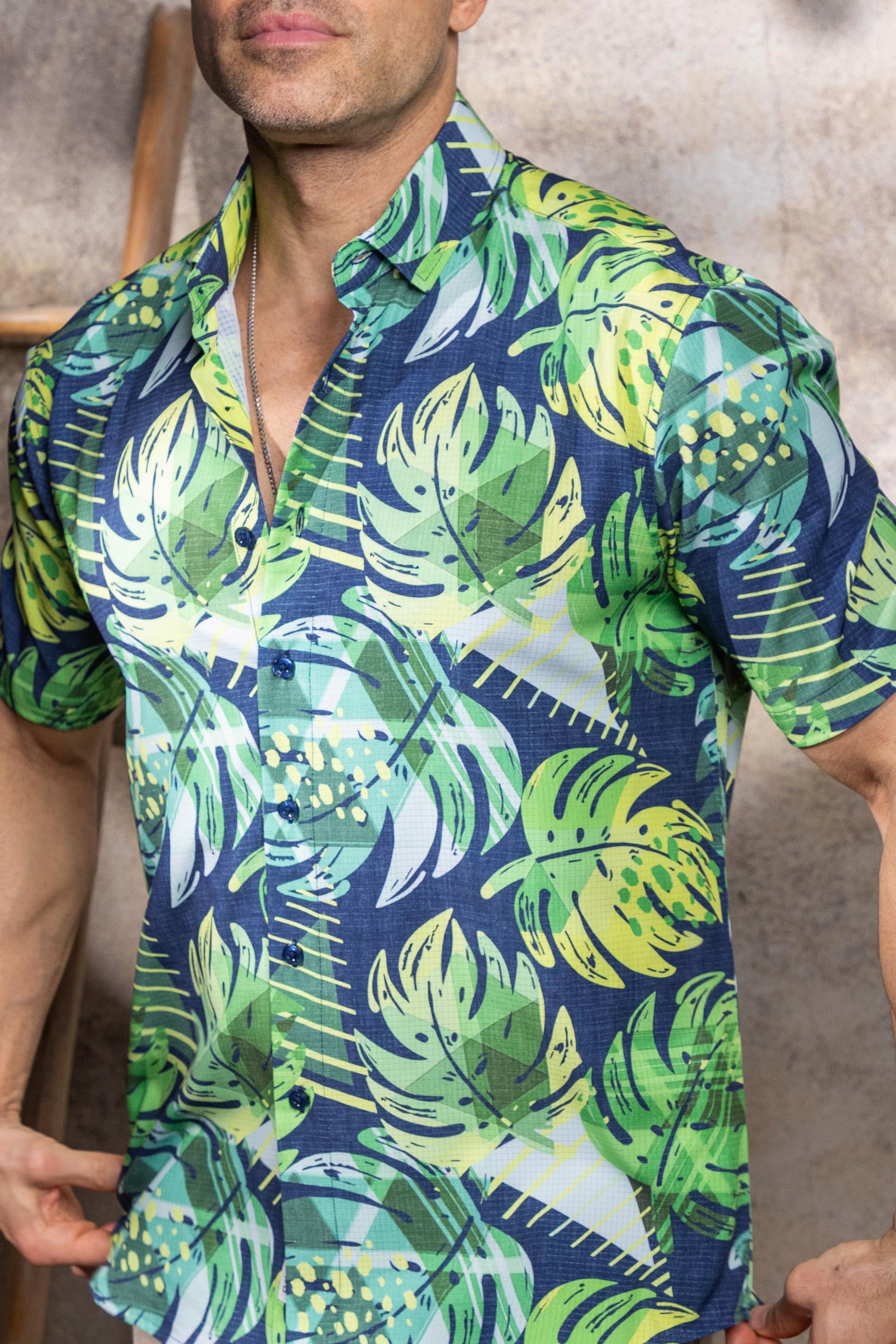 Men’s Green Floral 4-Way Stretch Short Sleeve Shirt