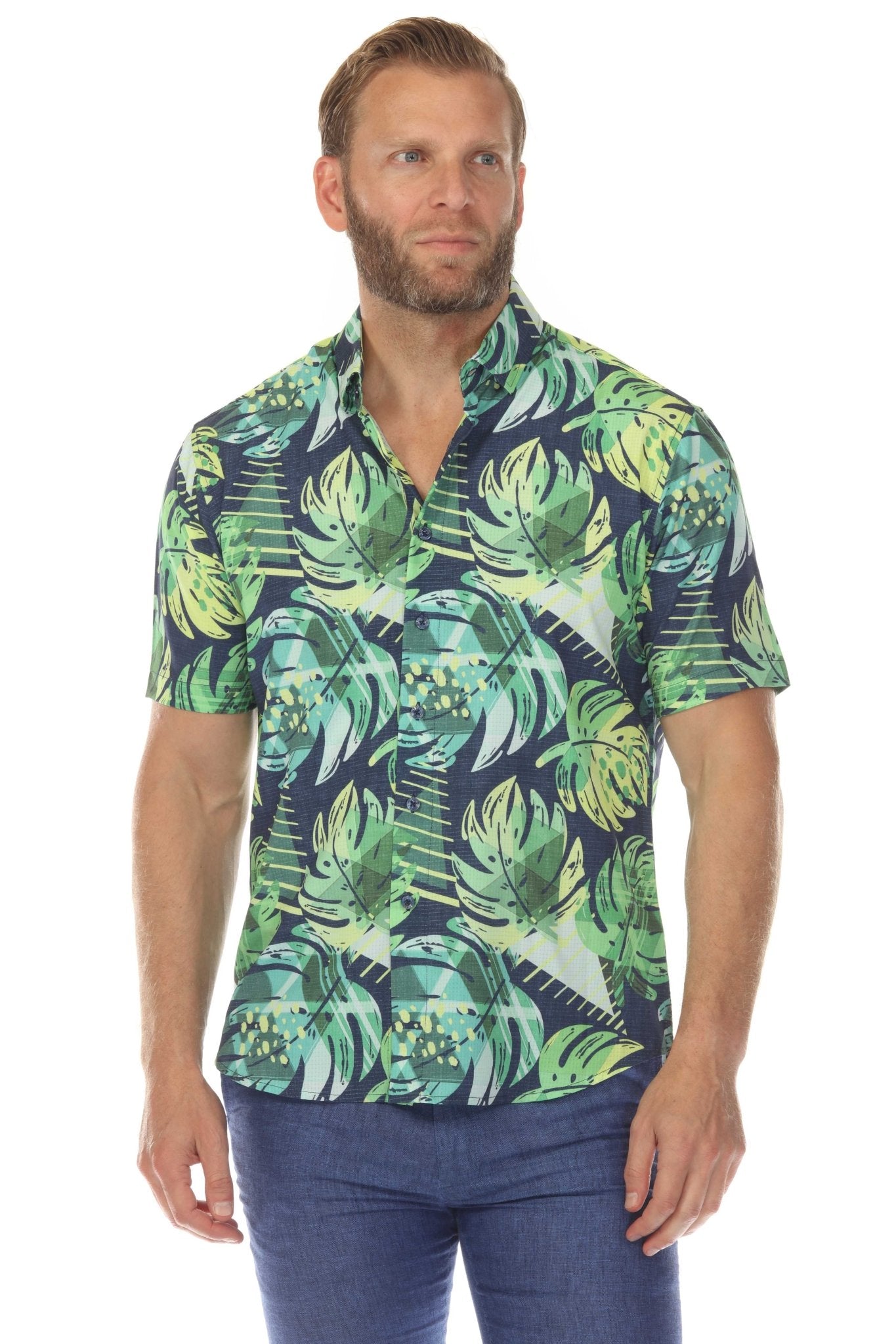 Camisa elástica con estampado elegante de manga corta para hombre