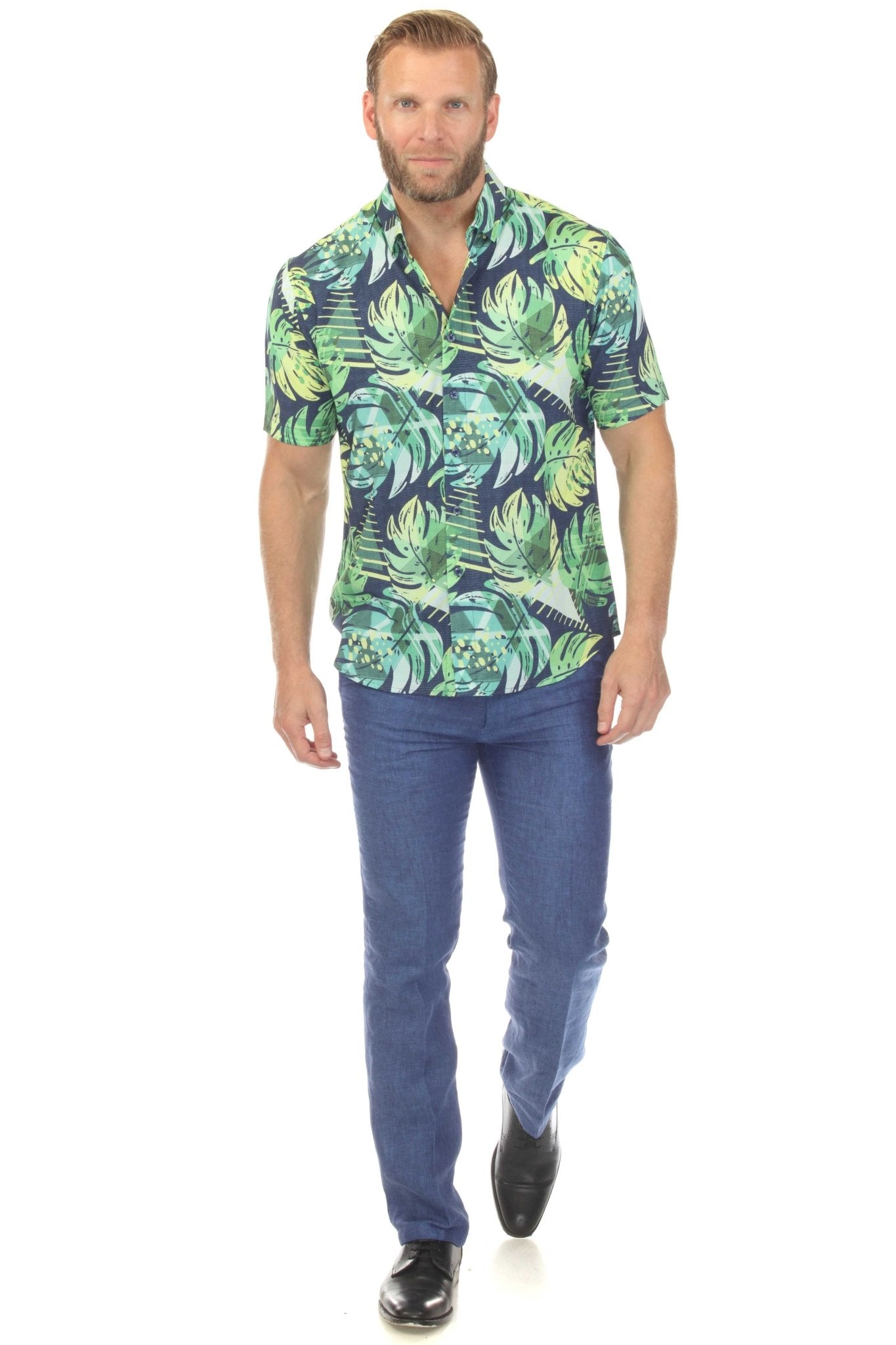 Camisa elástica con estampado elegante de manga corta para hombre