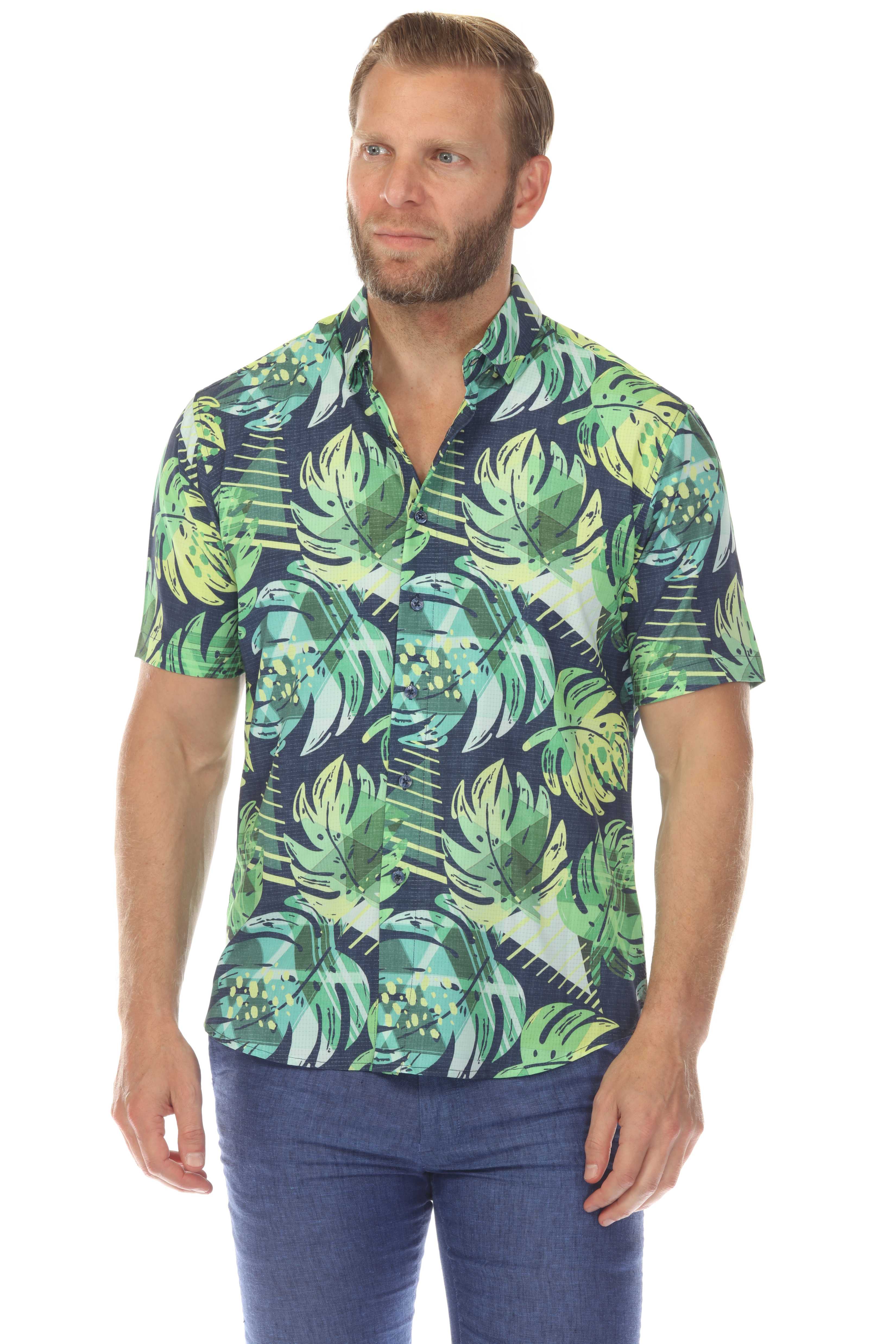 Men’s Green Floral 4-Way Stretch Short Sleeve Shirt