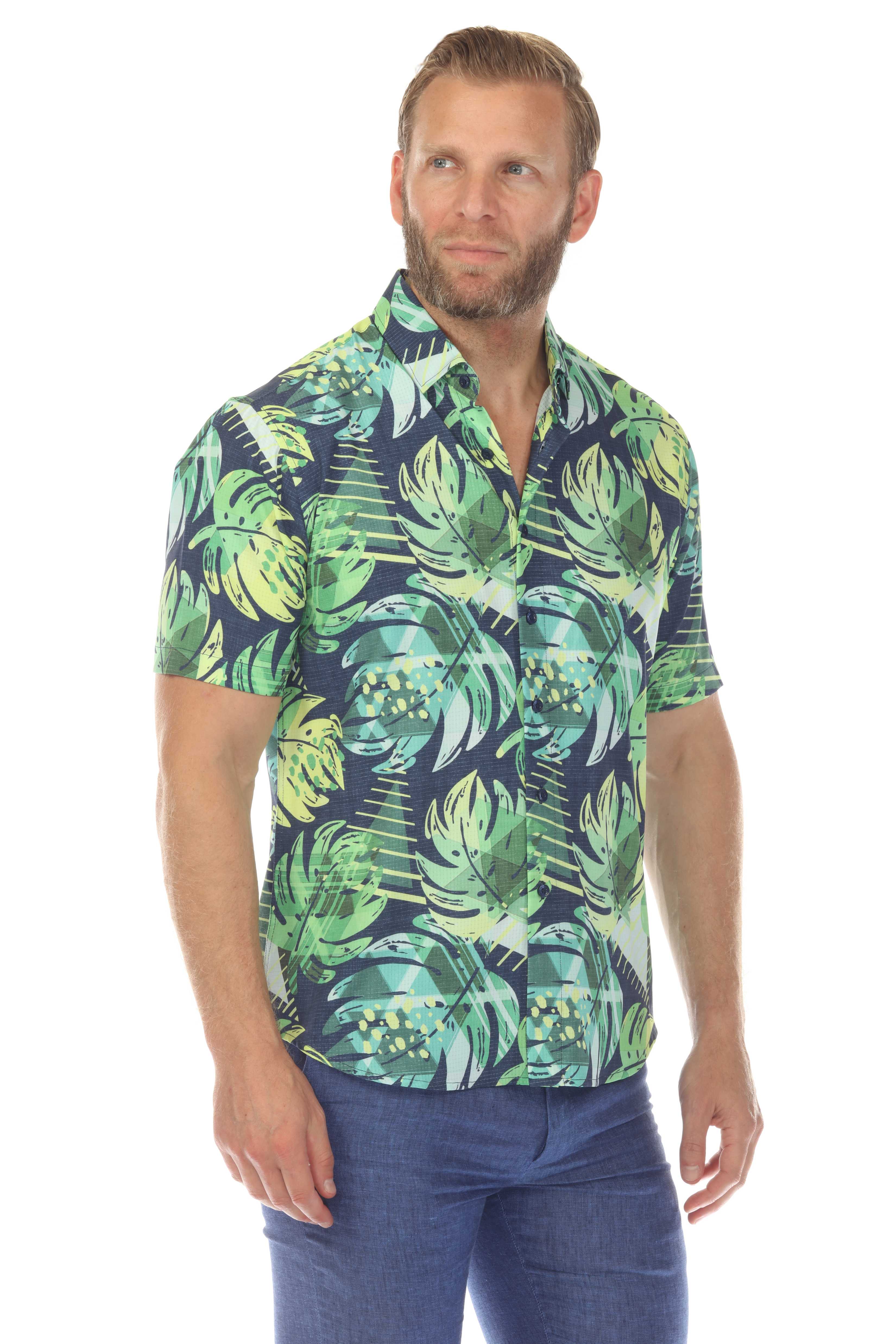 Men’s Green Floral 4-Way Stretch Short Sleeve Shirt