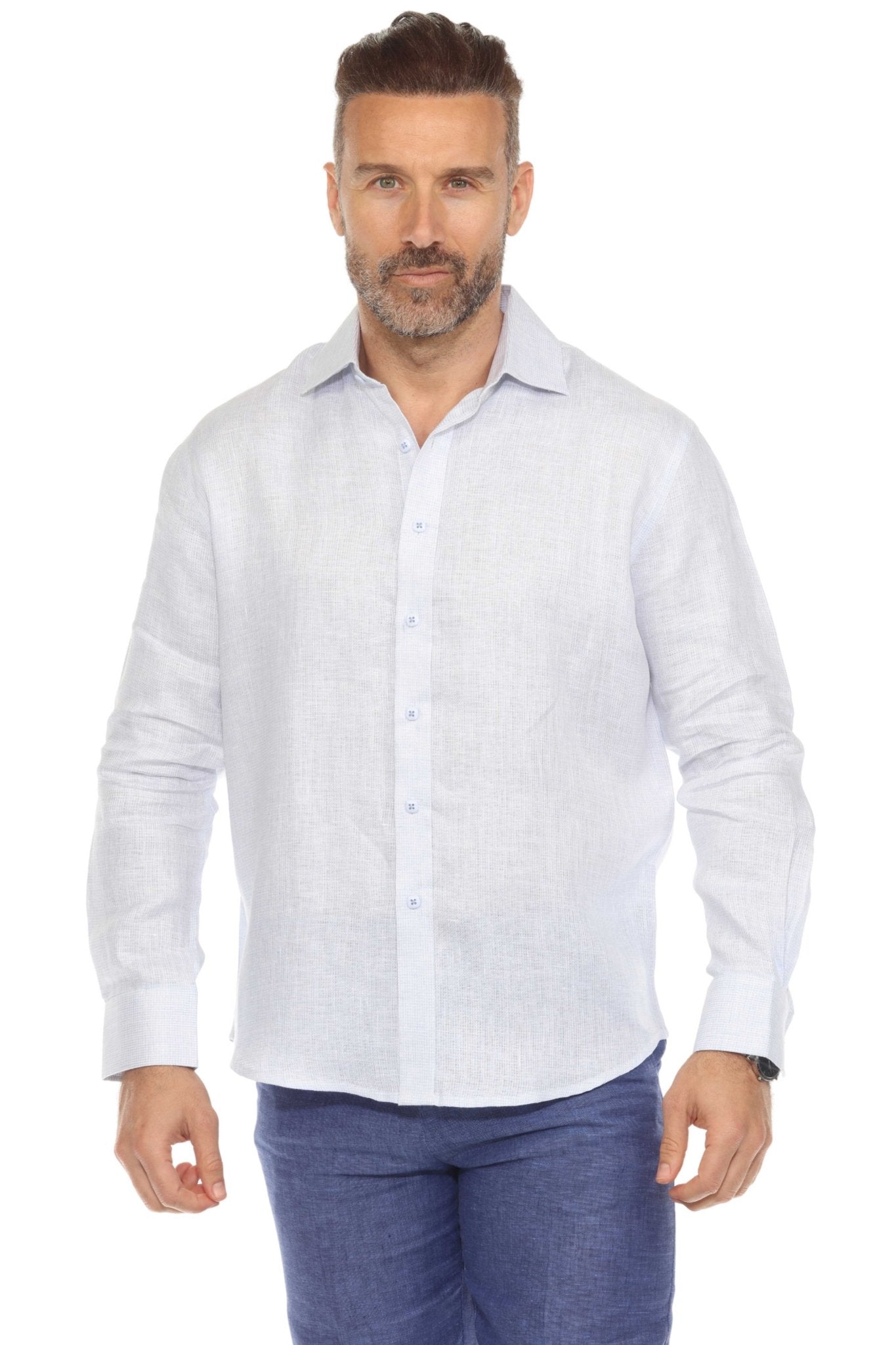 Camisa informal de hombre con cuello mandarín y raya diplomática, 100 % lino, manga larga, botones