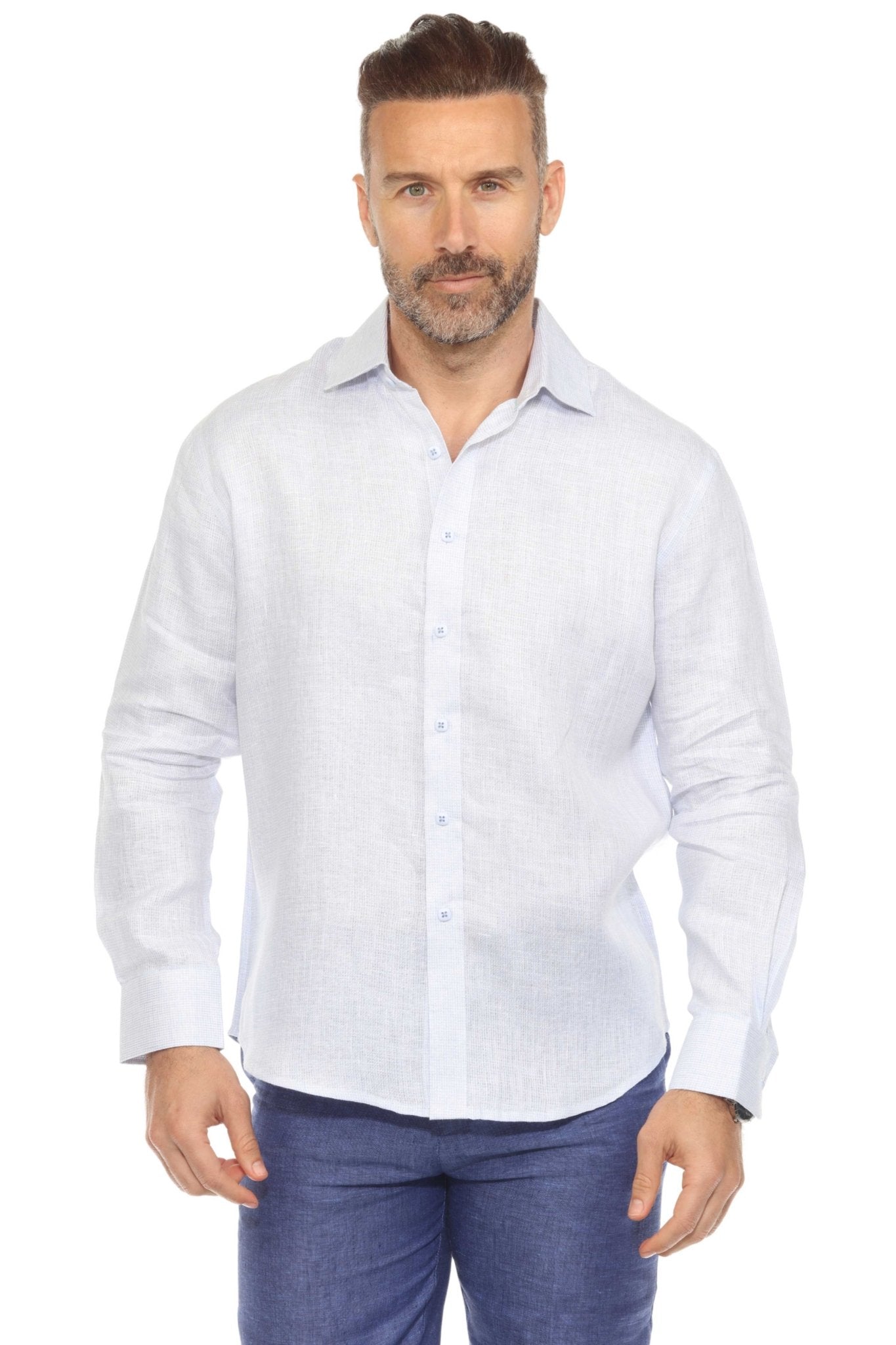 Camisa informal de hombre con cuello mandarín y raya diplomática, 100 % lino, manga larga, botones
