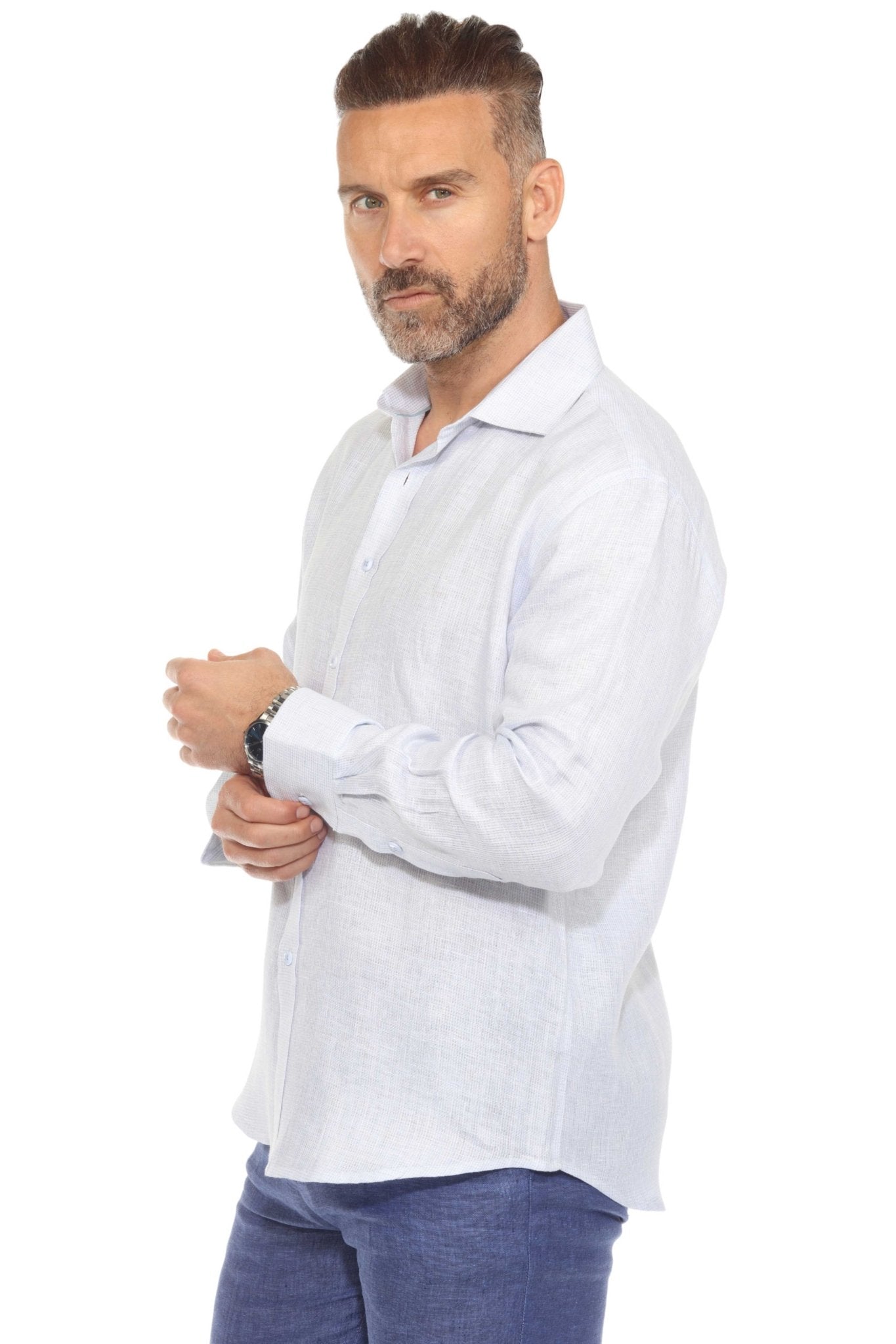 Camisa informal de hombre con cuello mandarín y raya diplomática, 100 % lino, manga larga, botones