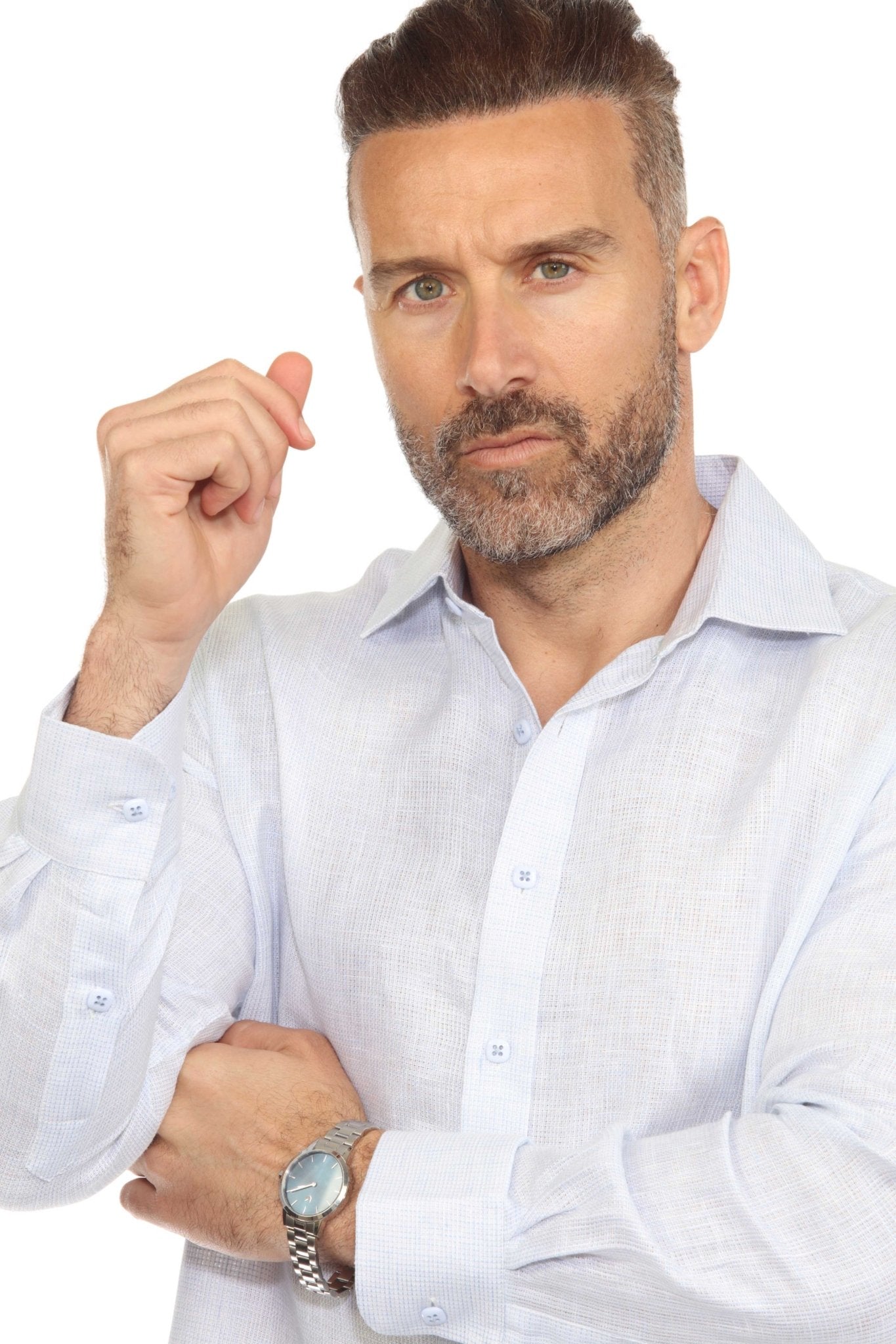 Camisa informal de hombre con cuello mandarín y raya diplomática, 100 % lino, manga larga, botones