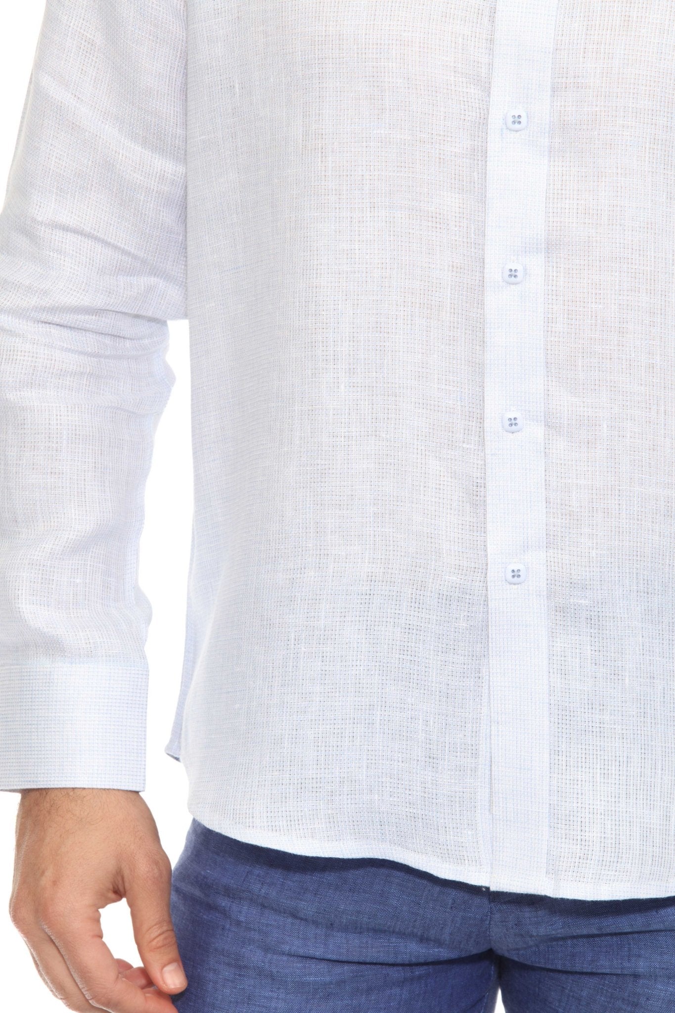 Camisa informal de hombre con cuello mandarín y raya diplomática, 100 % lino, manga larga, botones