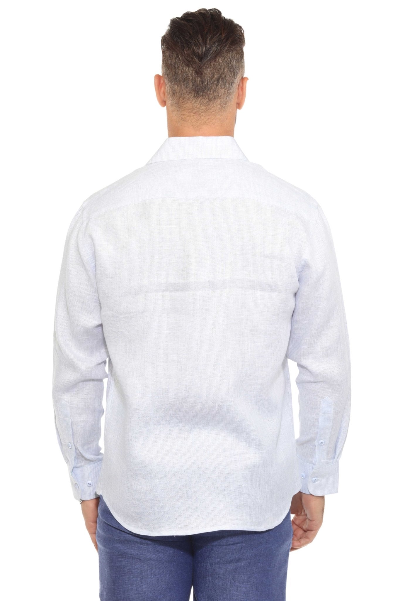 Camisa informal de hombre con cuello mandarín y raya diplomática, 100 % lino, manga larga, botones