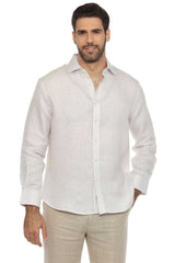 Camisa informal de hombre con cuello mandarín y raya diplomática, 100 % lino, manga larga, botones