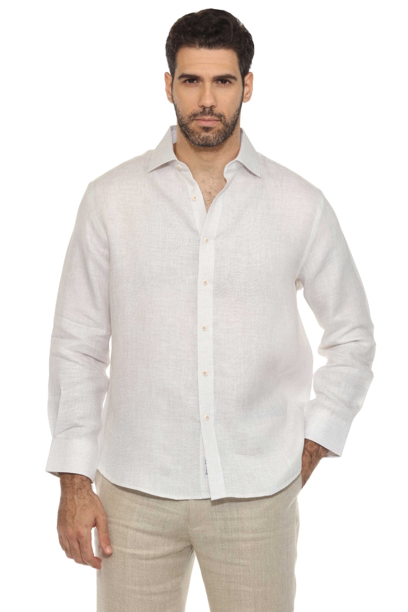 Camisa informal de hombre con cuello mandarín y raya diplomática, 100 % lino, manga larga, botones