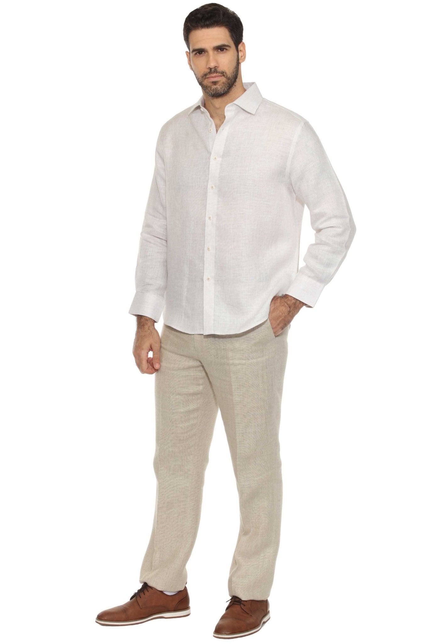 Camisa informal de hombre con cuello mandarín y raya diplomática, 100 % lino, manga larga, botones