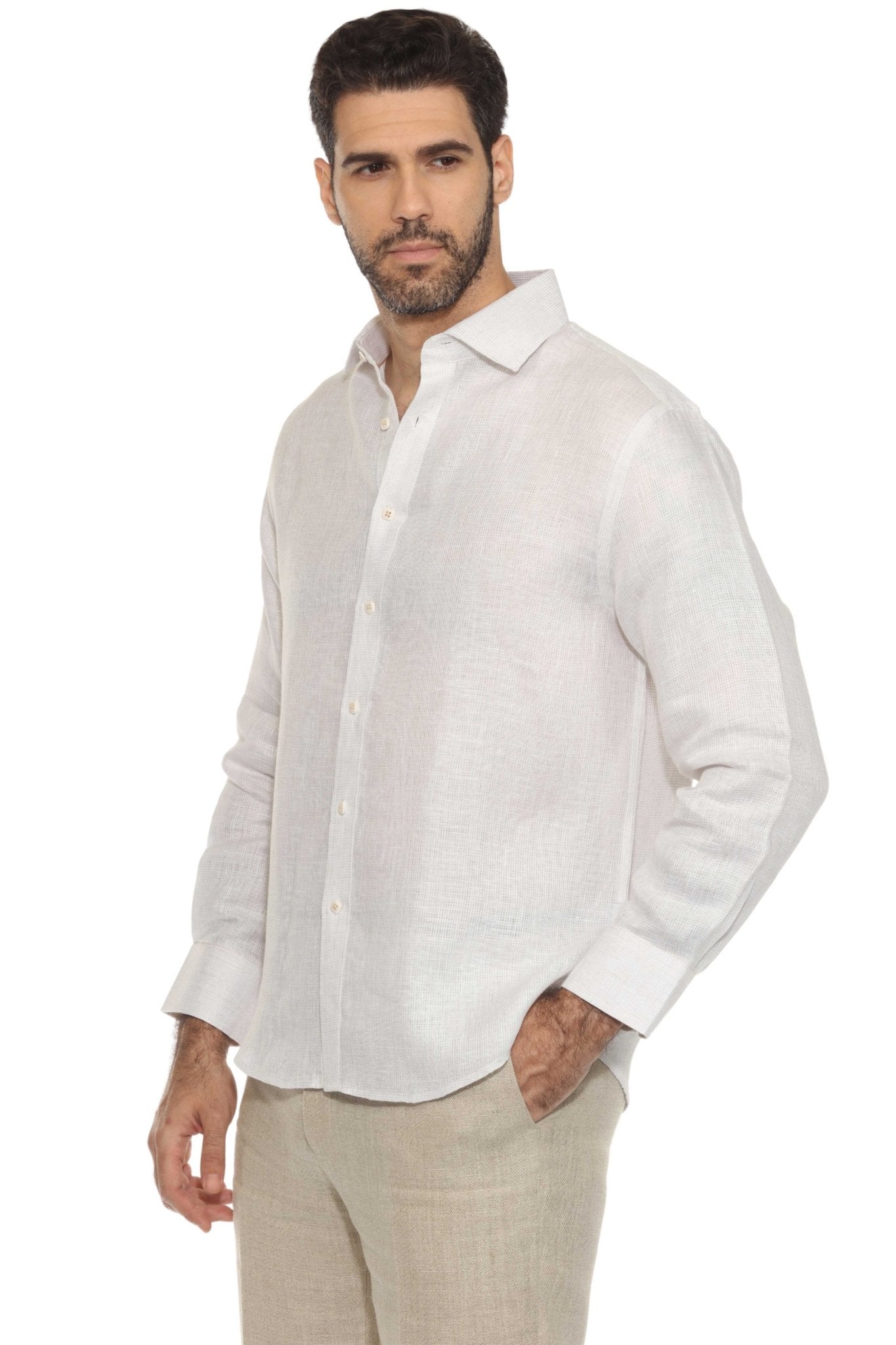 Camisa informal de hombre con cuello mandarín y raya diplomática, 100 % lino, manga larga, botones