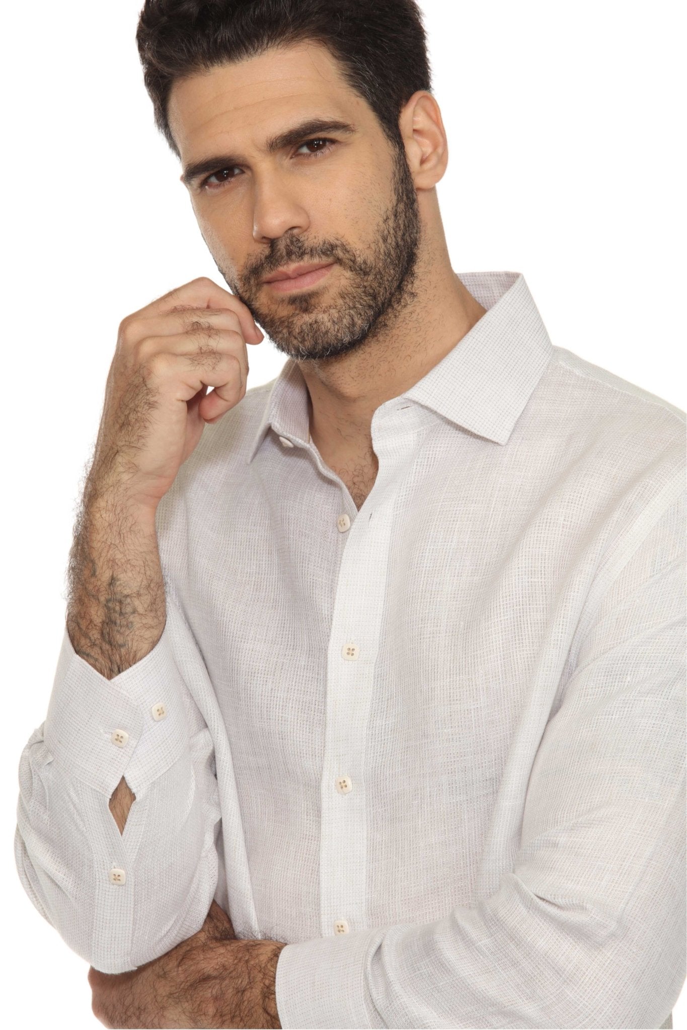 Camisa informal de hombre con cuello mandarín y raya diplomática, 100 % lino, manga larga, botones