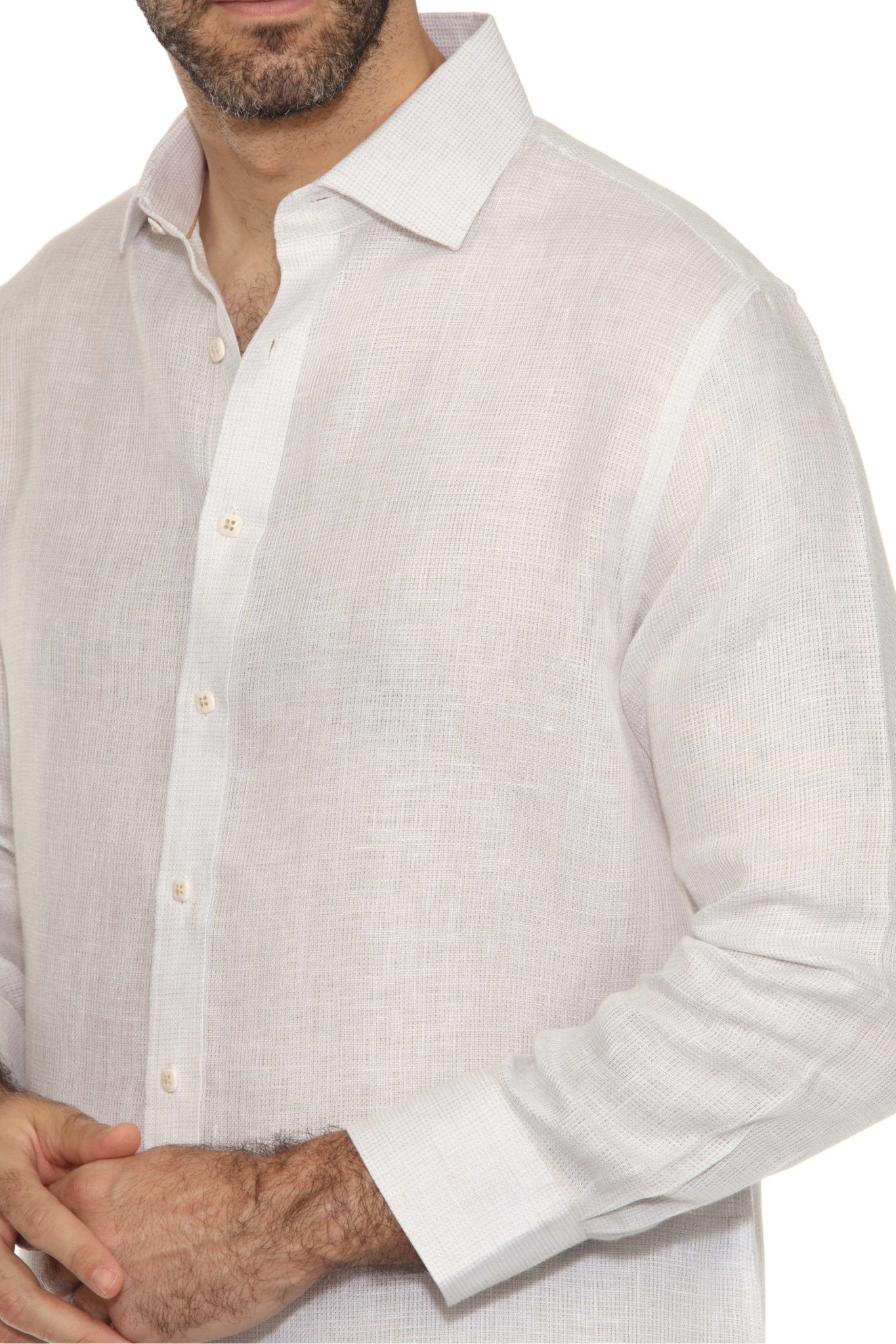 Camisa informal de hombre con cuello mandarín y raya diplomática, 100 % lino, manga larga, botones