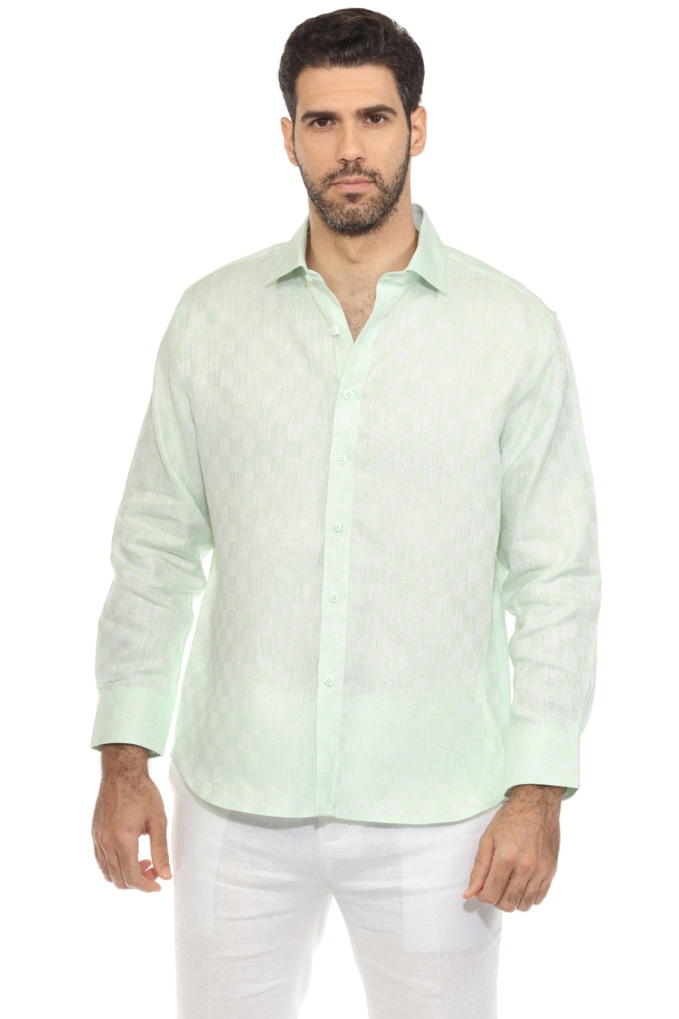 Men’s 100% Linen Long Sleeve Checkered Button-Down Shirt