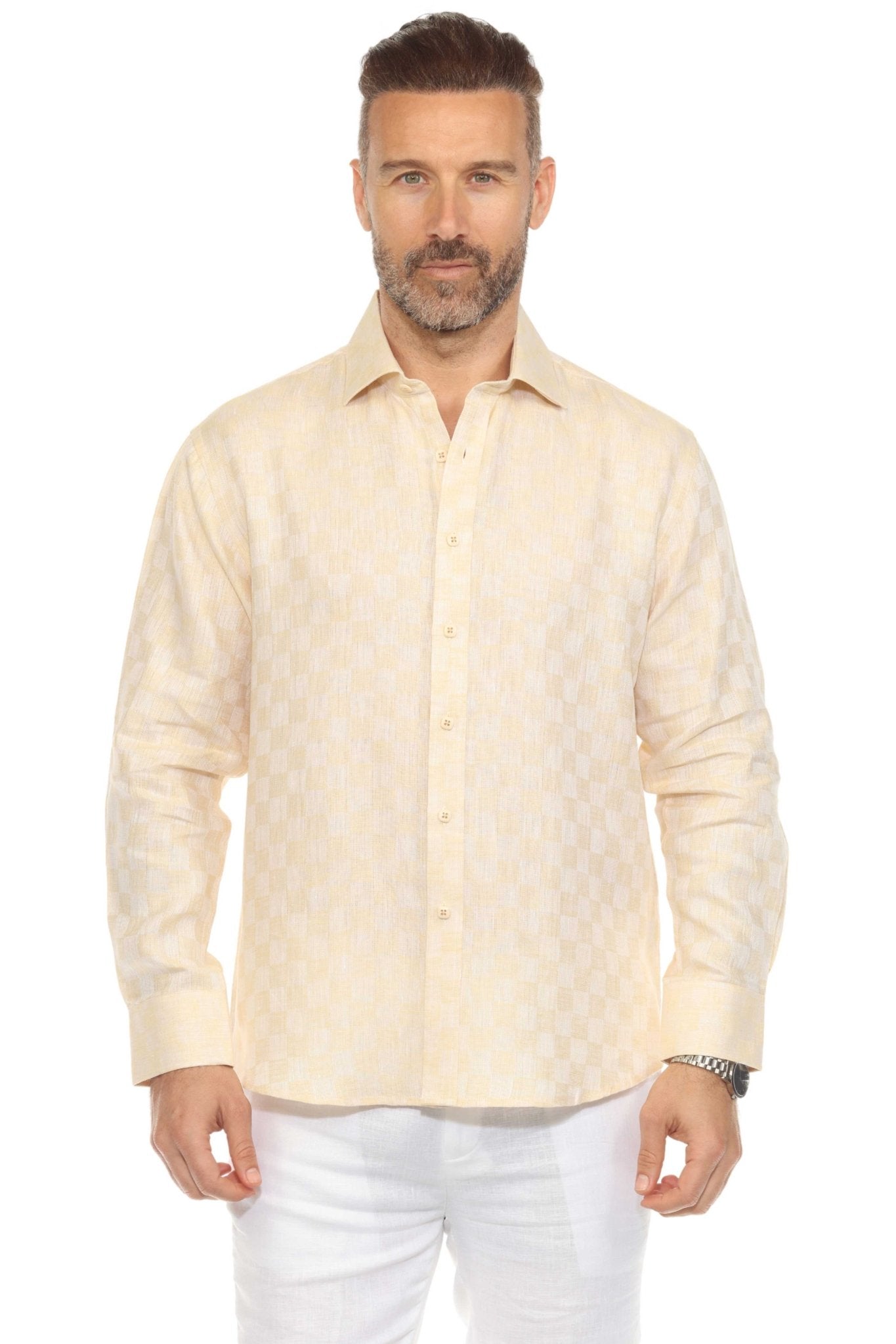 Men’s 100% Linen Long Sleeve Checkered Button-Down Shirt