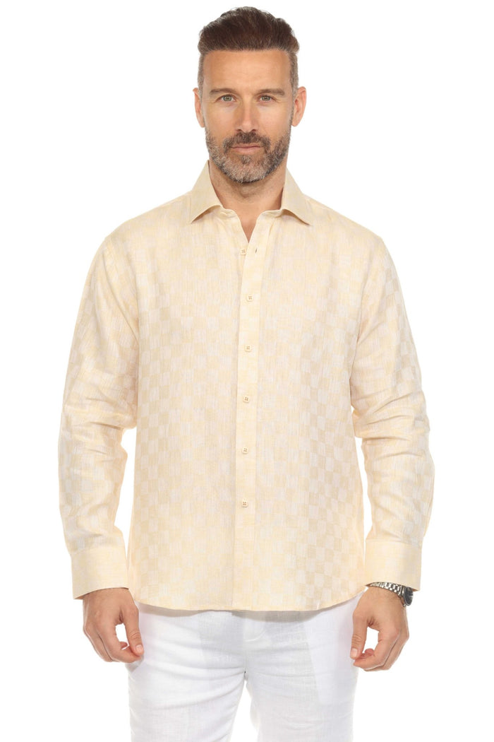 Camisa informal de hombre con cuello mandarín y raya diplomática, 100 % lino, manga larga, botones