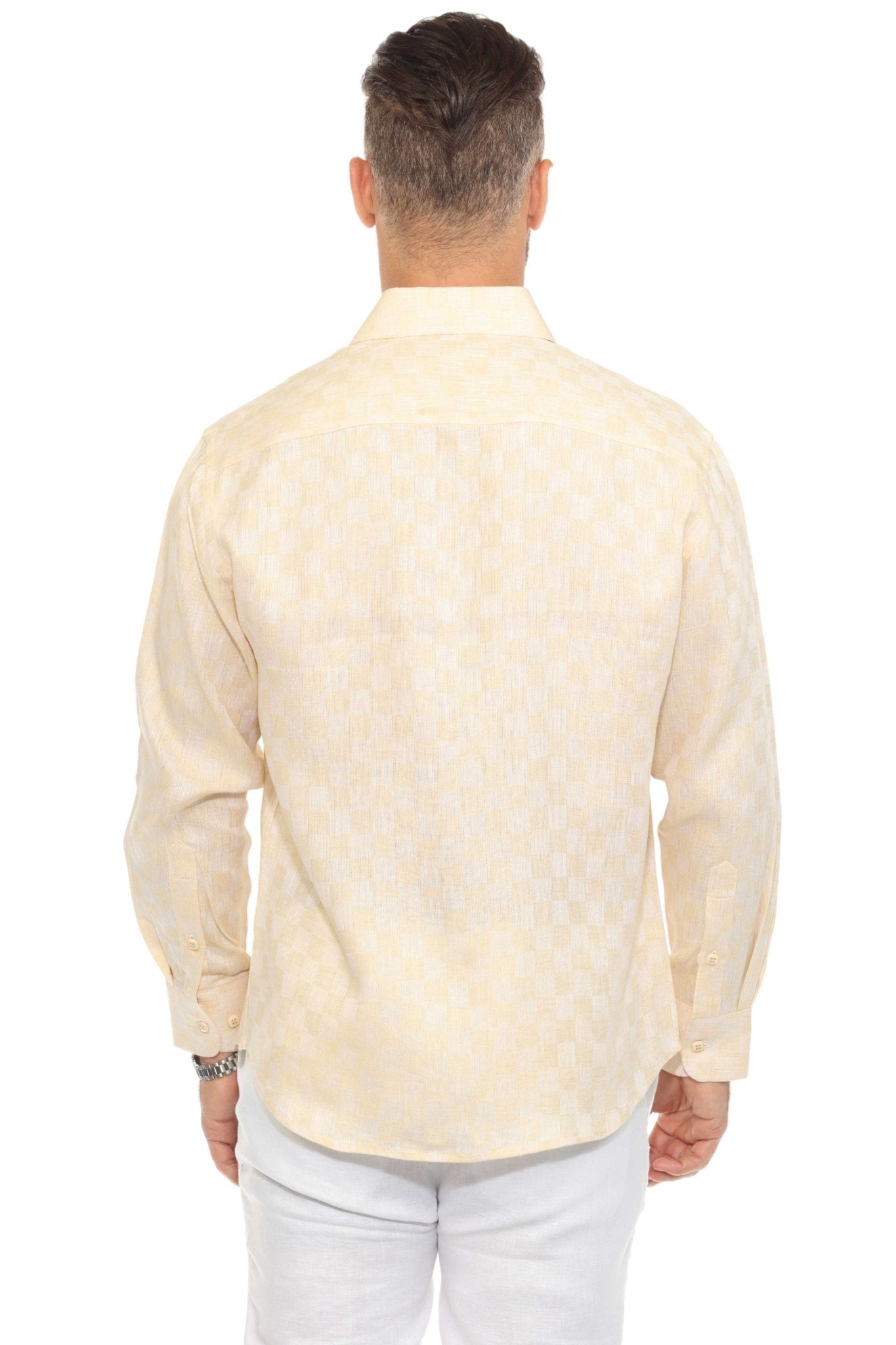 Men’s 100% Linen Long Sleeve Checkered Button-Down Shirt