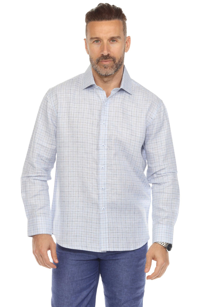Camisa informal de hombre con cuello mandarín y raya diplomática, 100 % lino, manga larga, botones