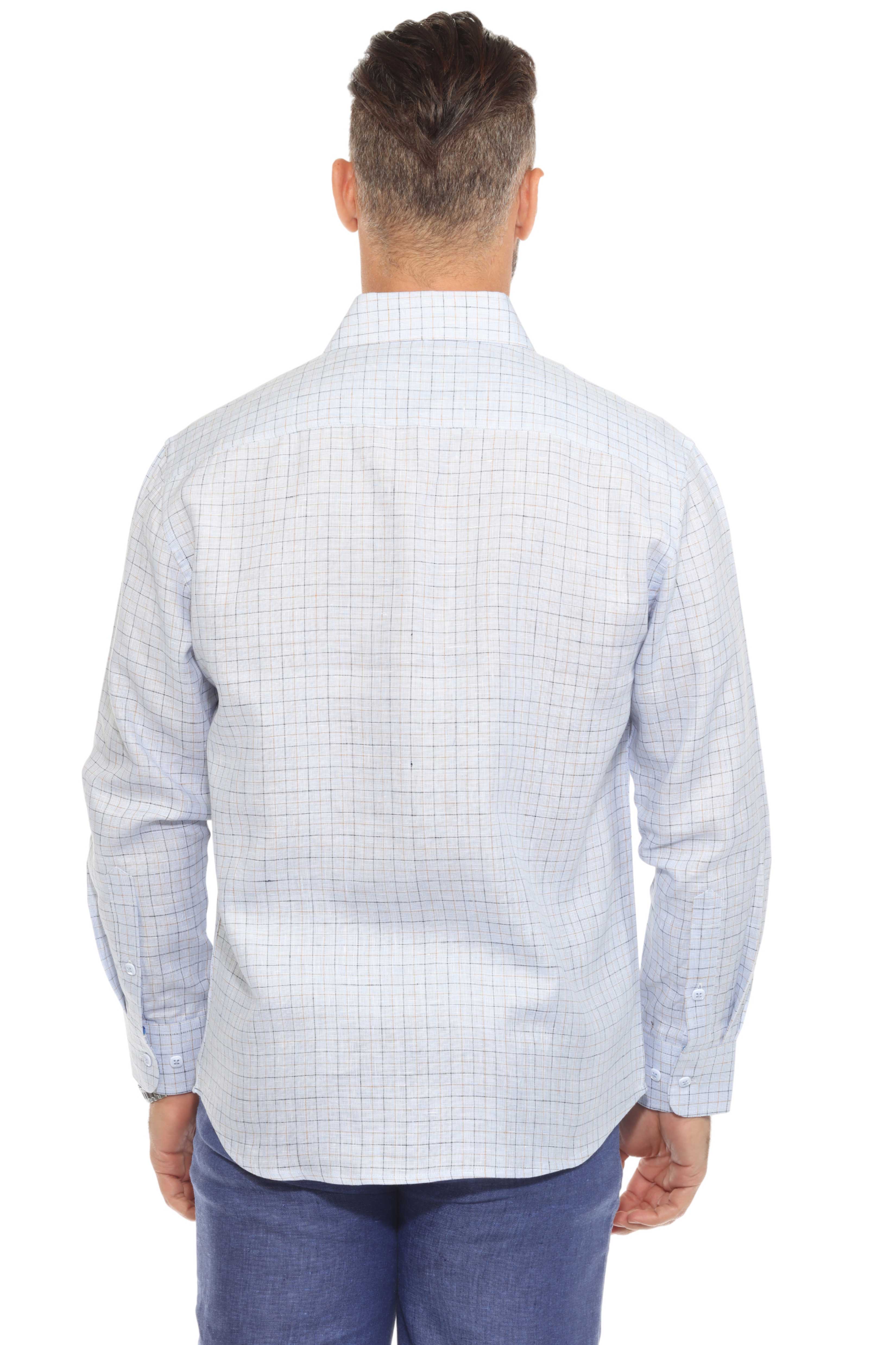 Men's Casual Long Sleeve Linen Shirt Checkered Print 100% Linen Button Down
