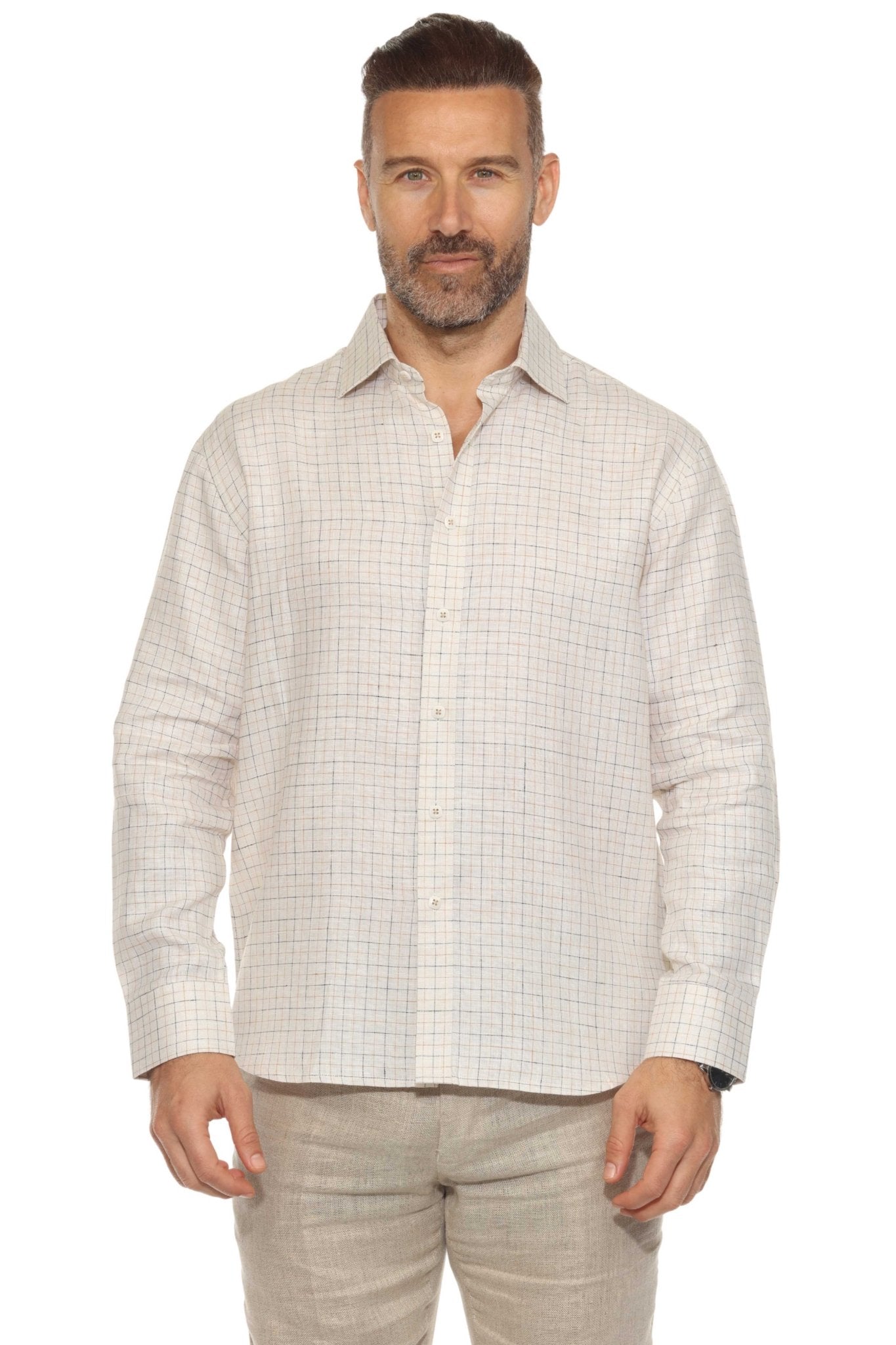 Men's 100% Linen Checkered Print Long Sleeve Button-Down Small / NATURAL Men's 100% Linen Checkered Print Long Sleeve Button-Down Small / NATURAL
