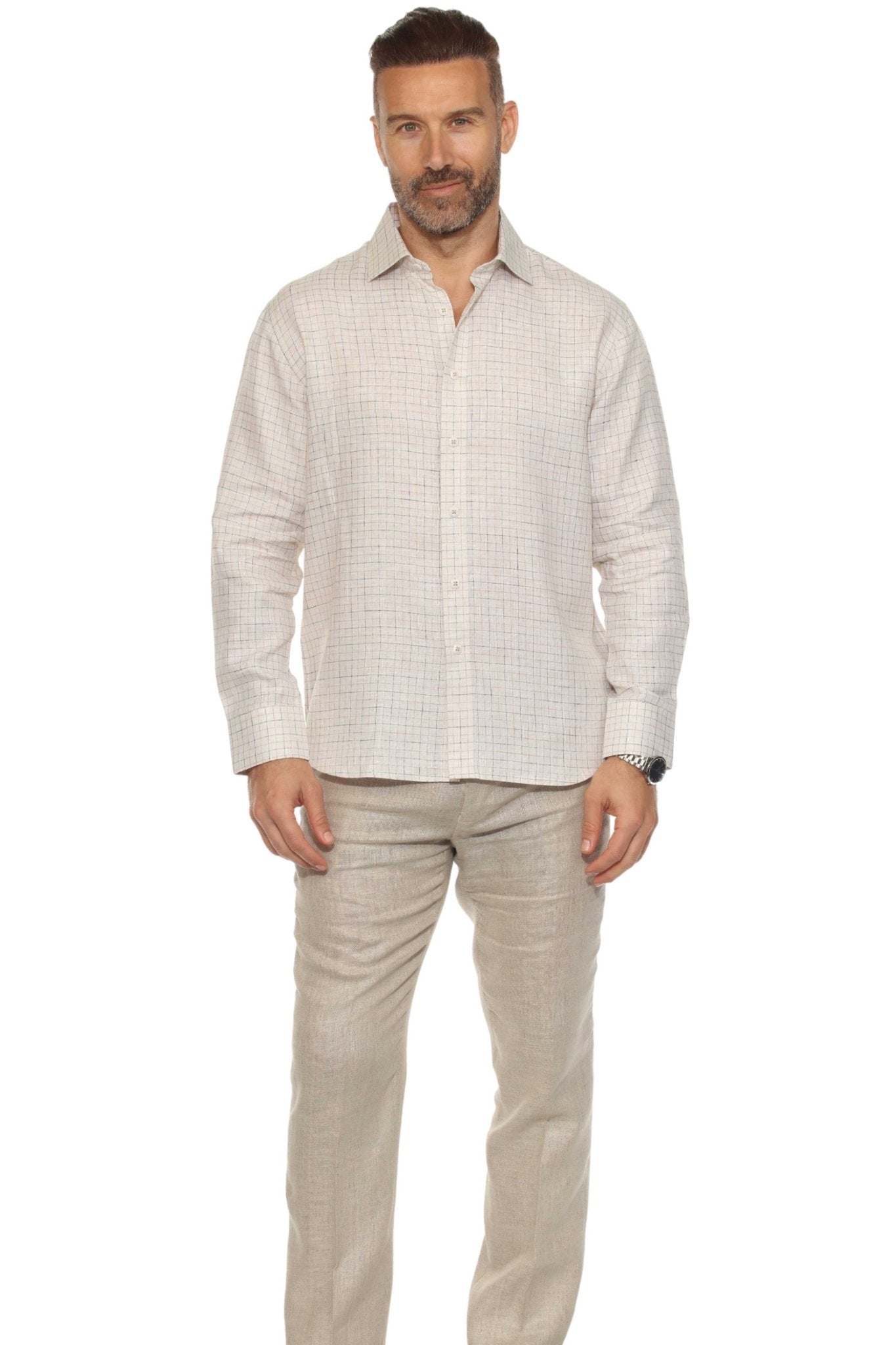 Men’s 100% Linen Long Sleeve Checkered Button-Down Shirt