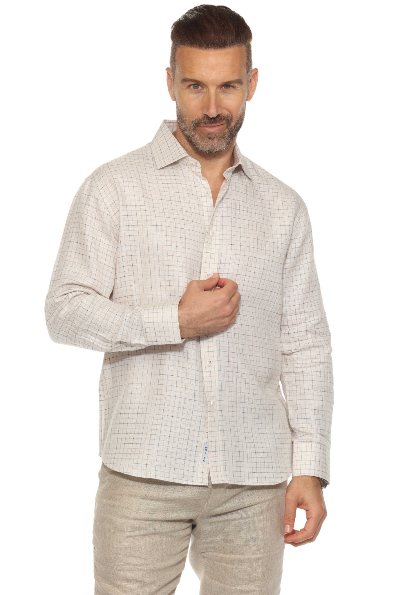 Men’s 100% Linen Long Sleeve Checkered Button-Down Shirt