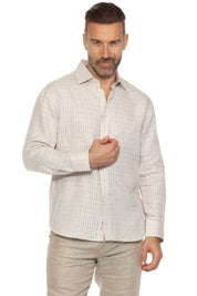 Men's Casual Long Sleeve Linen Shirt Checkered Print 100% Linen Button Down