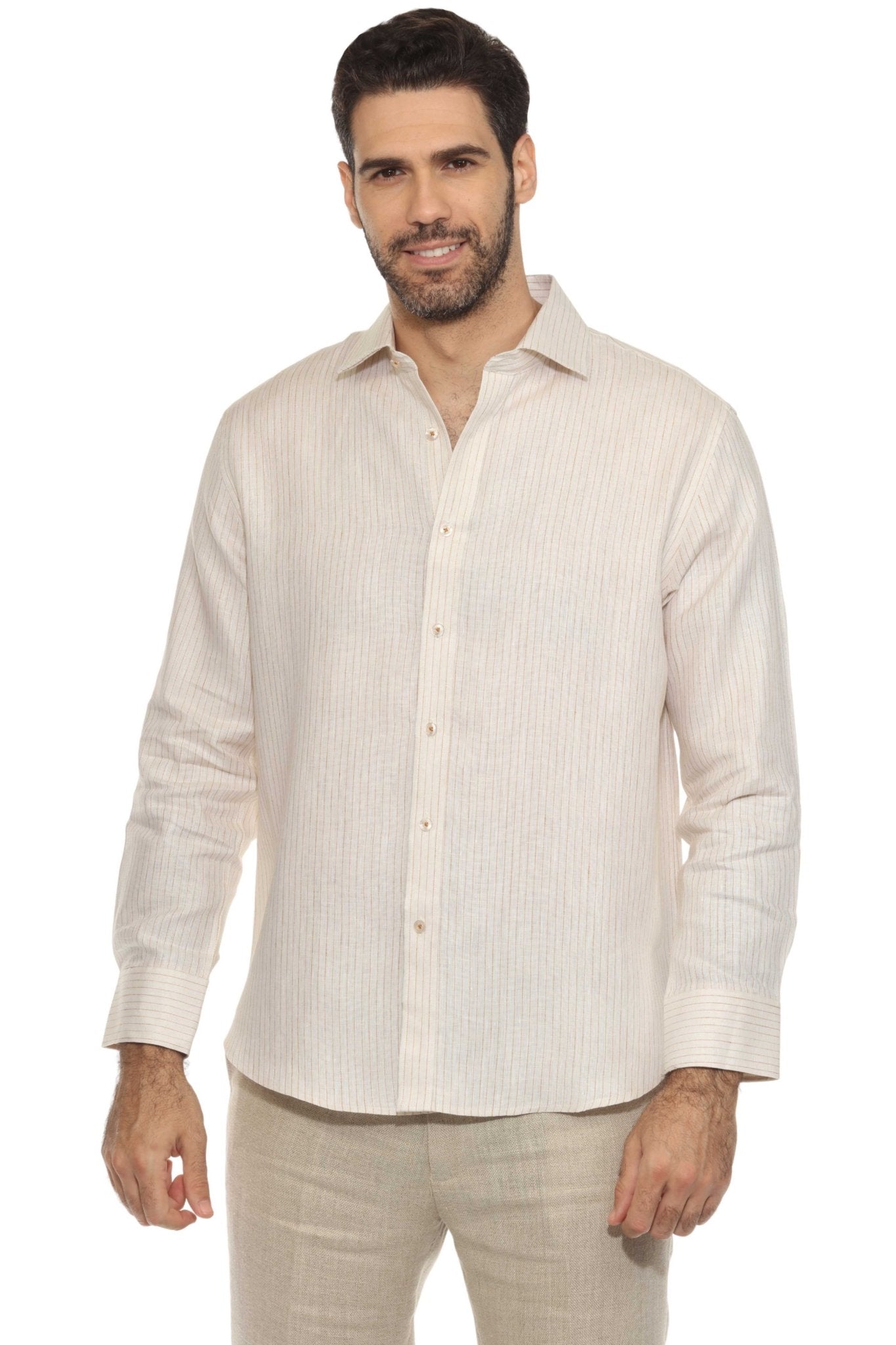 Camisa informal de hombre con cuello mandarín y raya diplomática, 100 % lino, manga larga, botones