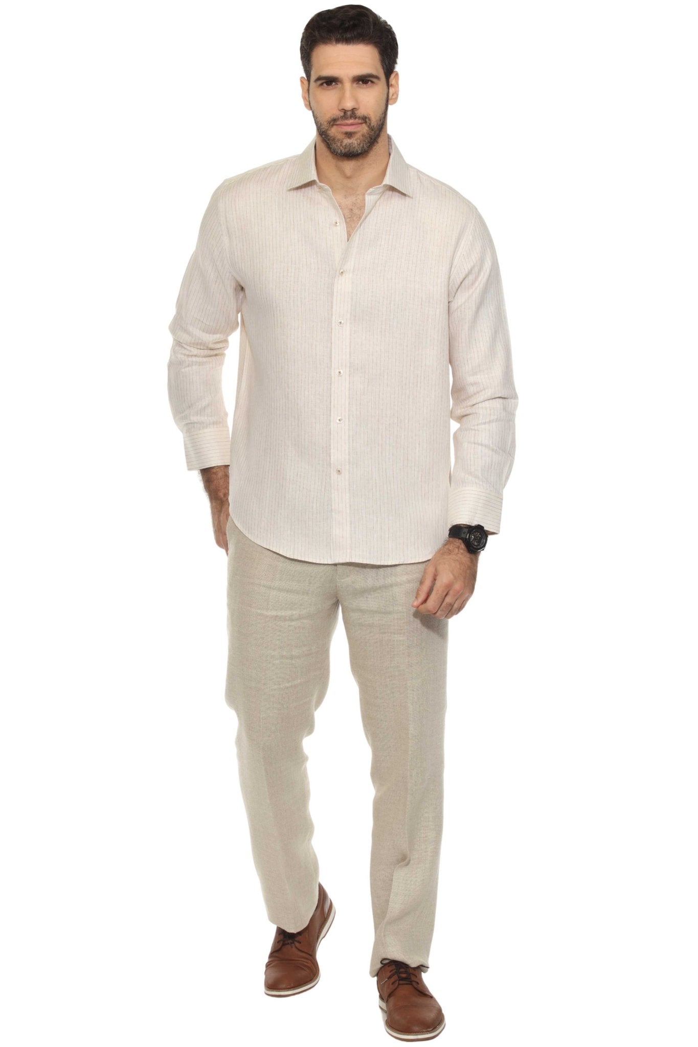 Camisa informal de hombre con cuello mandarín y raya diplomática, 100 % lino, manga larga, botones