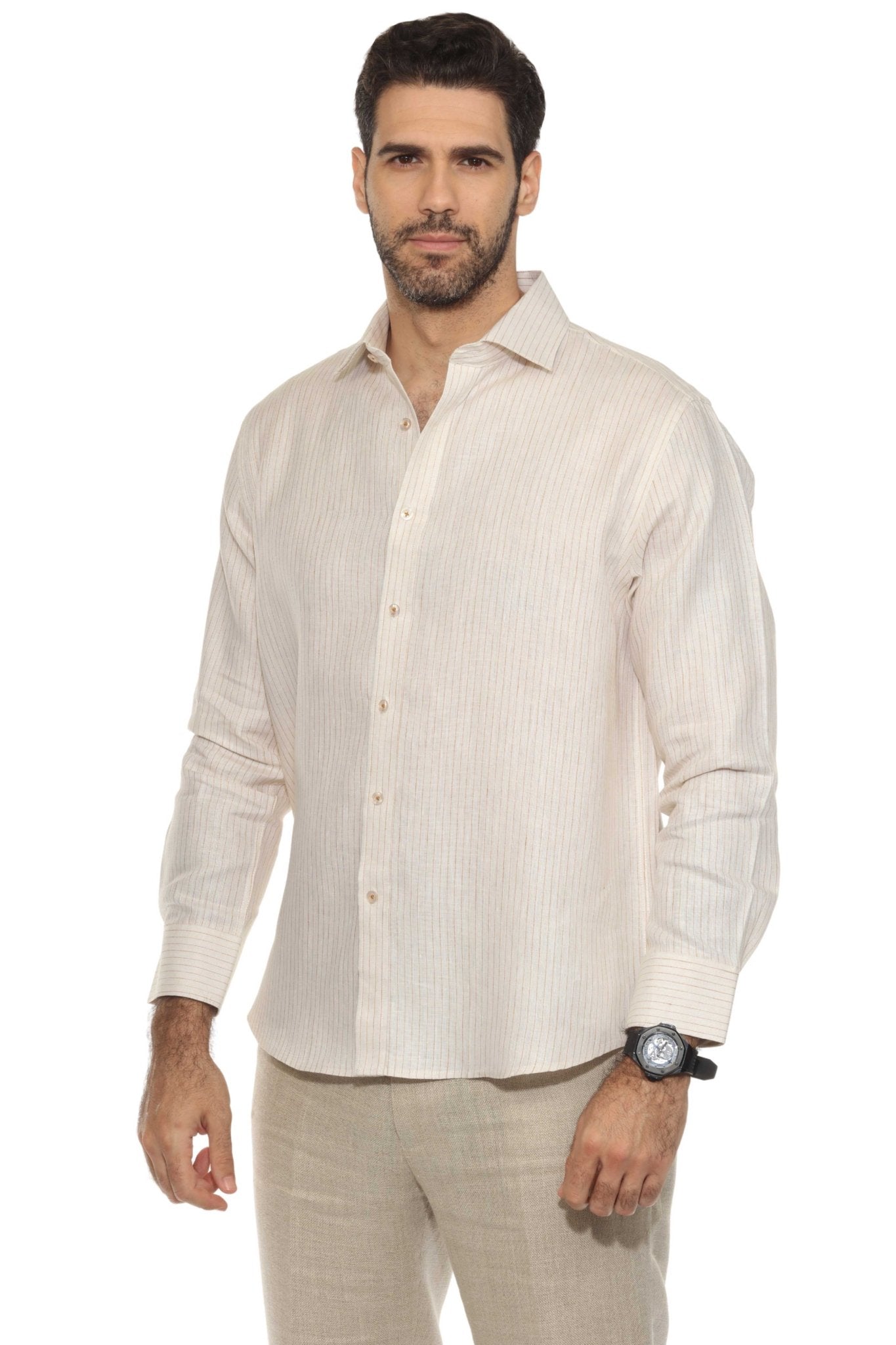 Camisa informal de hombre con cuello mandarín y raya diplomática, 100 % lino, manga larga, botones